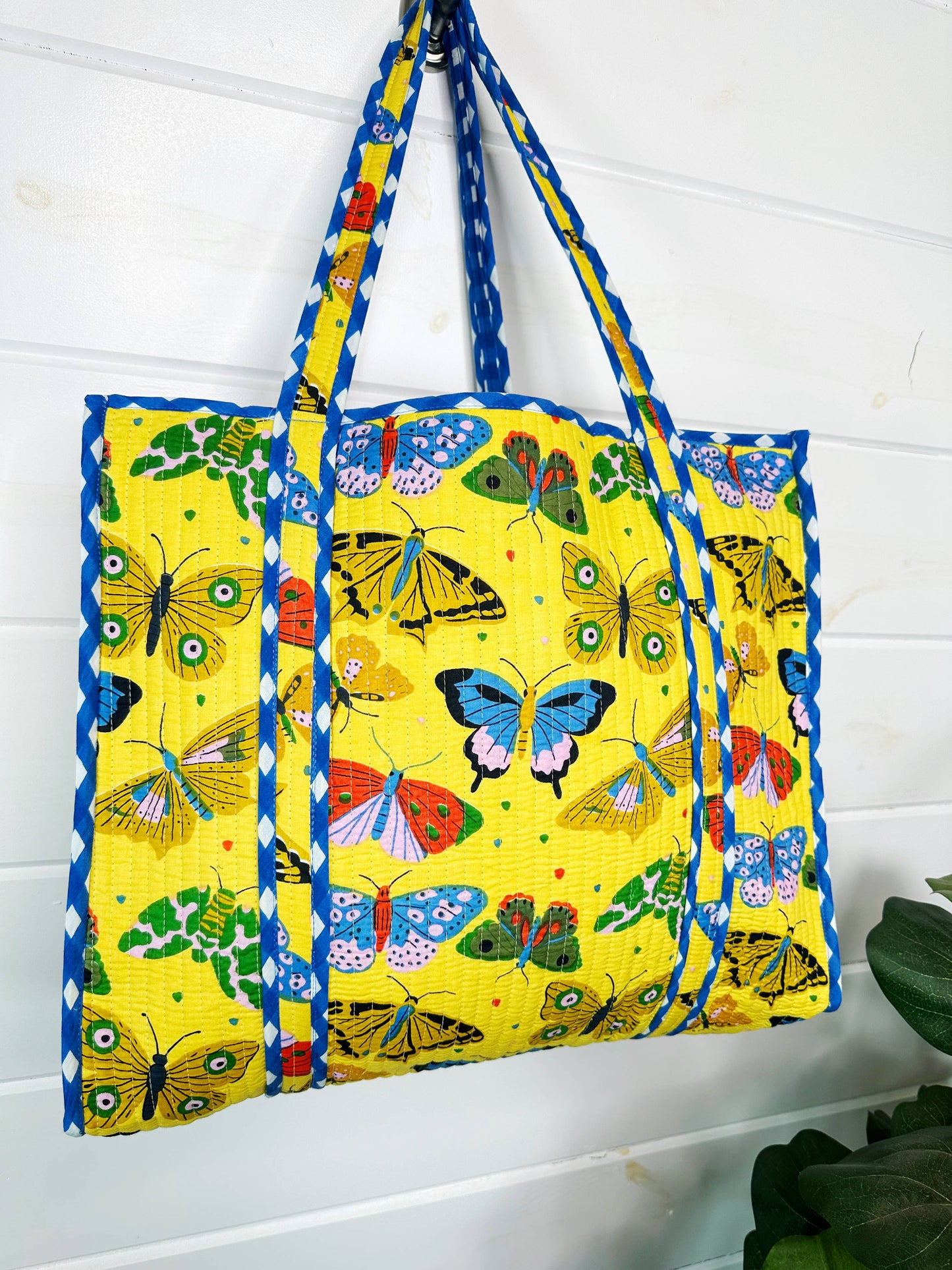 Quilted Tote Bag | Large Travel Bag | Yellow Butterfly Print