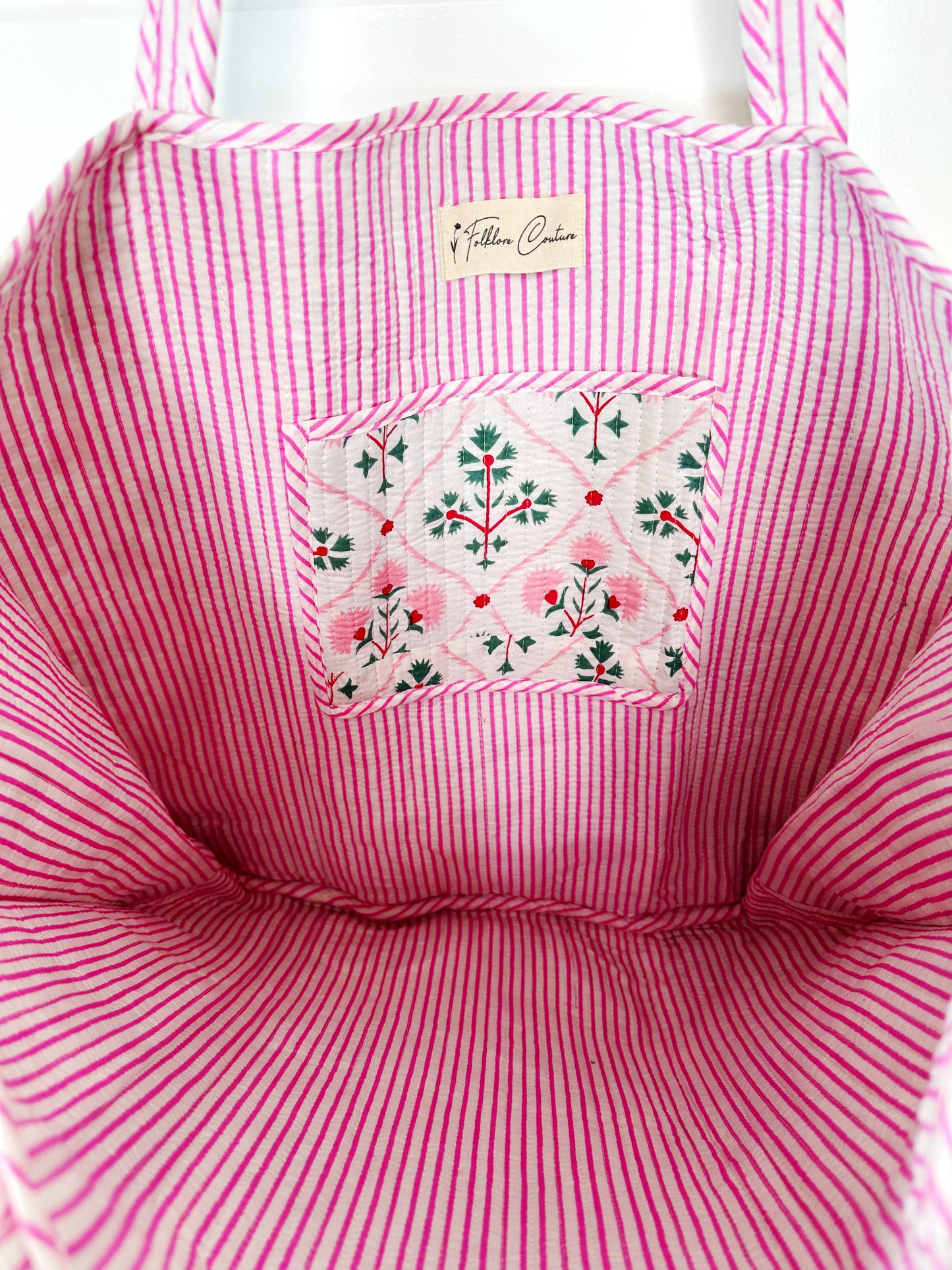 Folk Floral Large Quilted Tote Bag – Handmade, Reversible