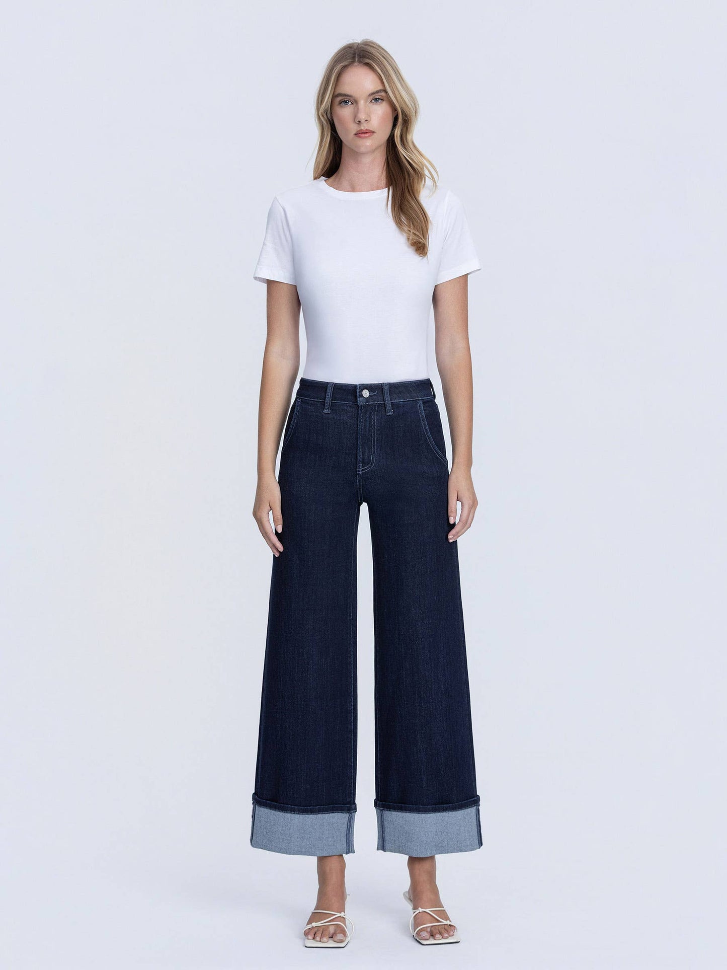 HIGH RISE DARK WASH CUFFED ANKLE WIDE LEG JEANS