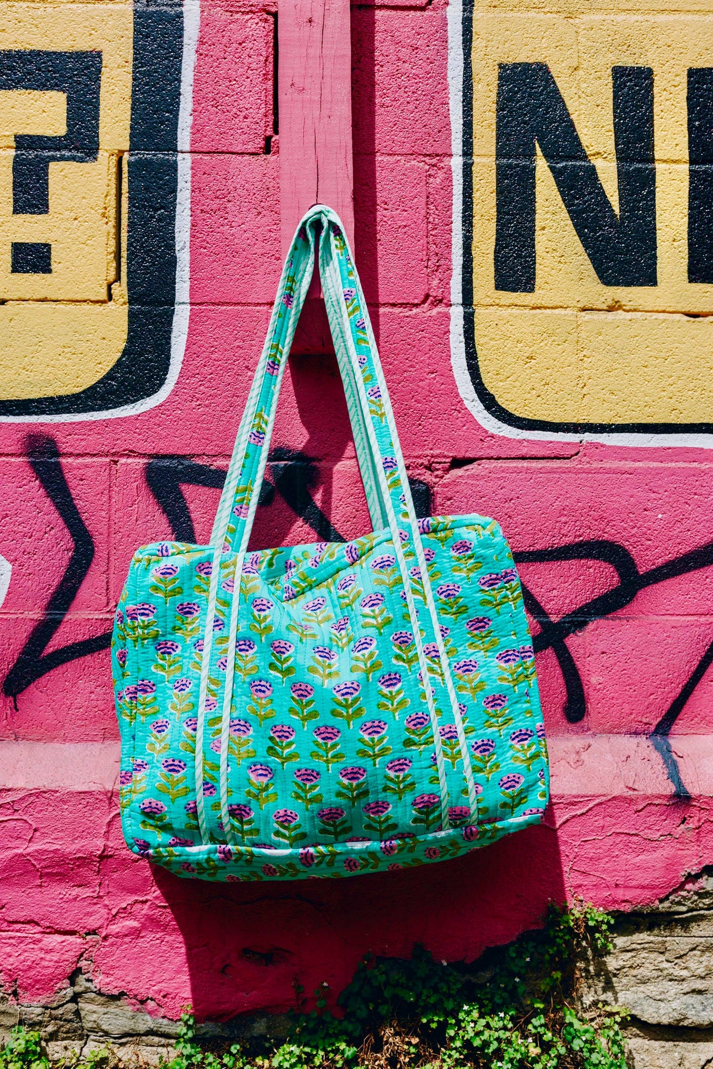 Handmade Quilted Duffle Bag – Aqua Floral Print Weekender