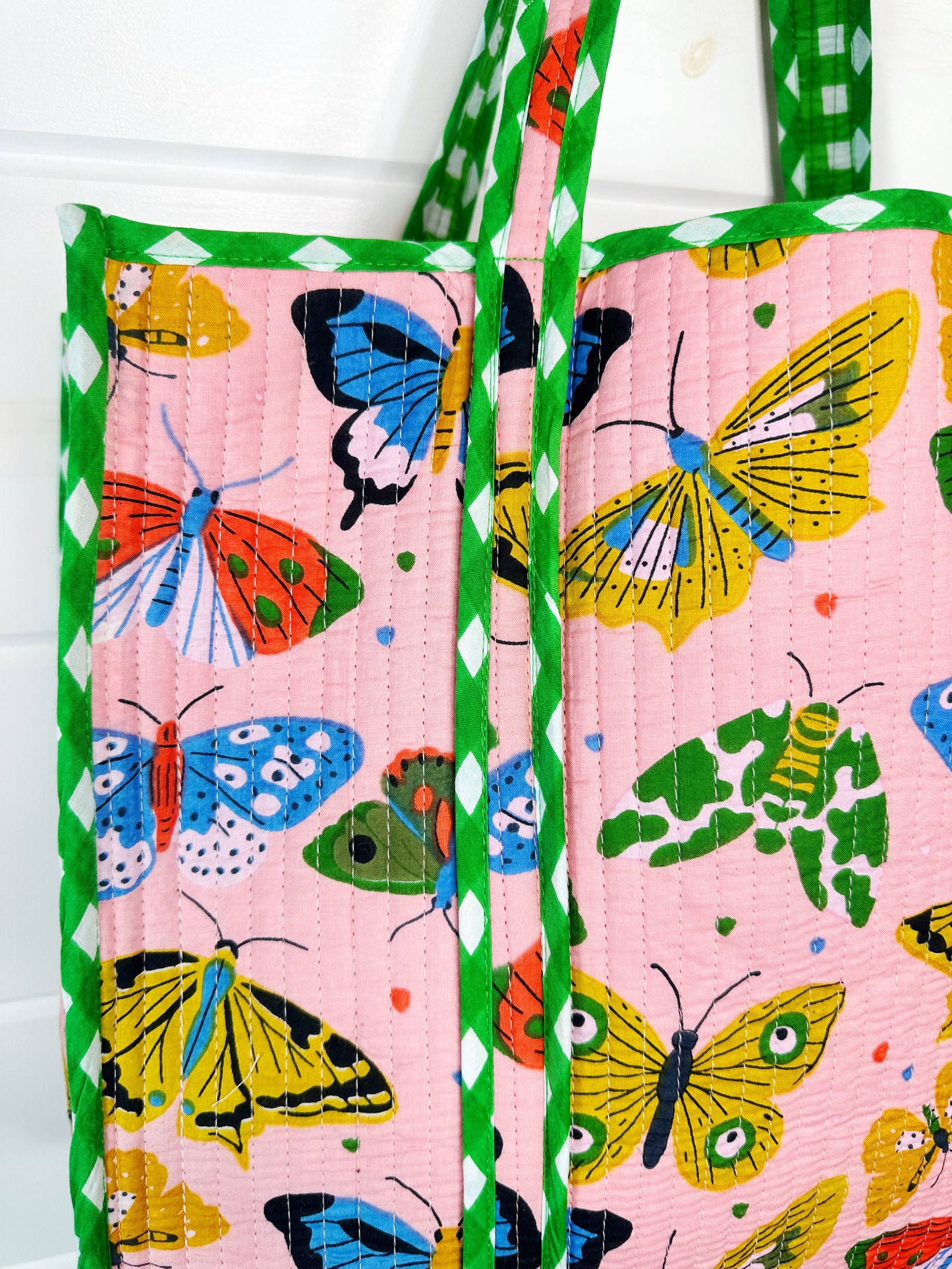 Quilted Tote Bag | Large Travel Bag | Pink Butterfly Print