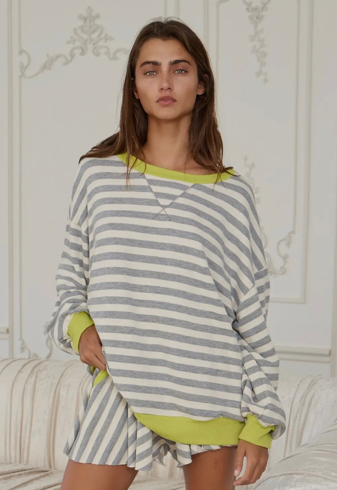 Grey/Lime Contrast Striped Sweatshirt