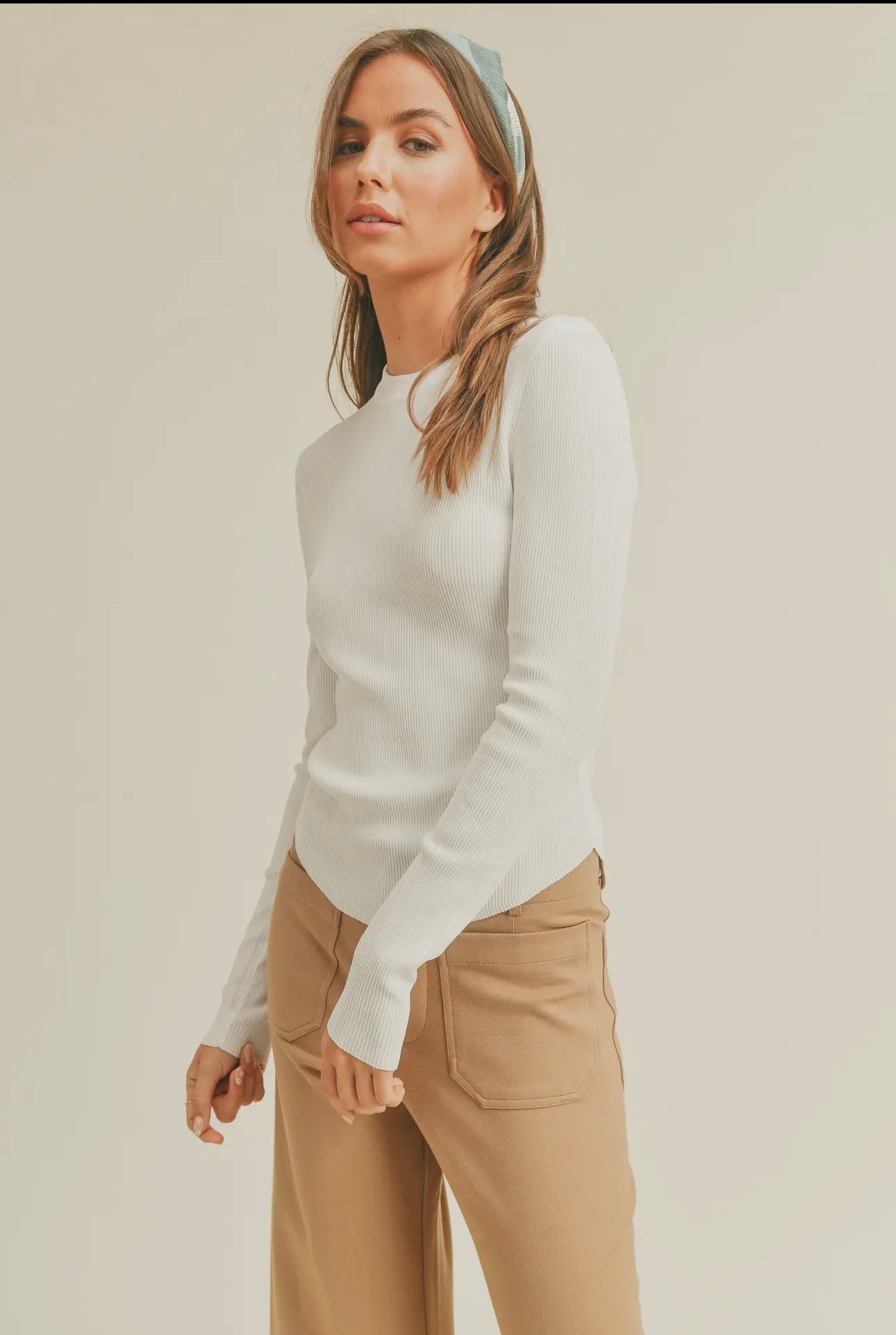 White Ribbed Long Sleeve Basic Top