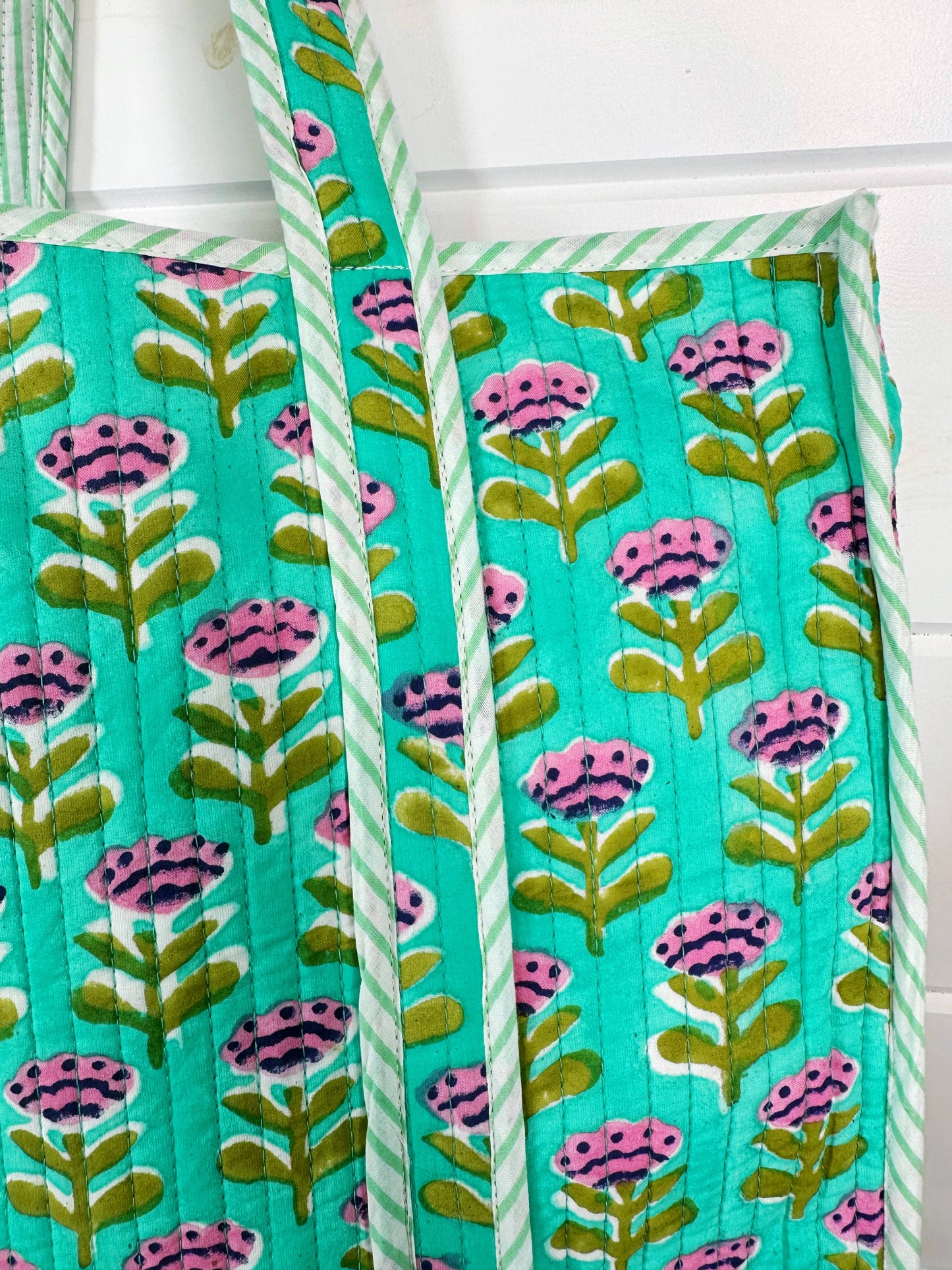 Aqua Floral Large Quilted Tote Bag – Handmade, Reversible