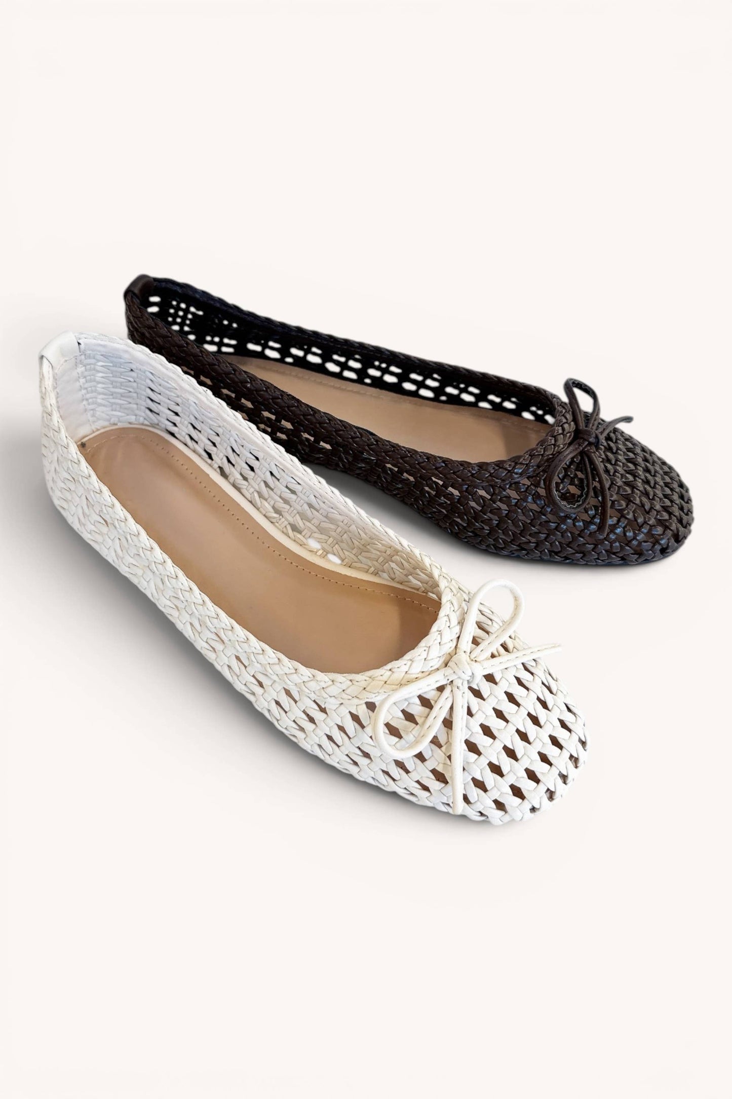 CONCINNITY-7 Woven Lattice Ballet Flats with Ribbon Bow Deta
