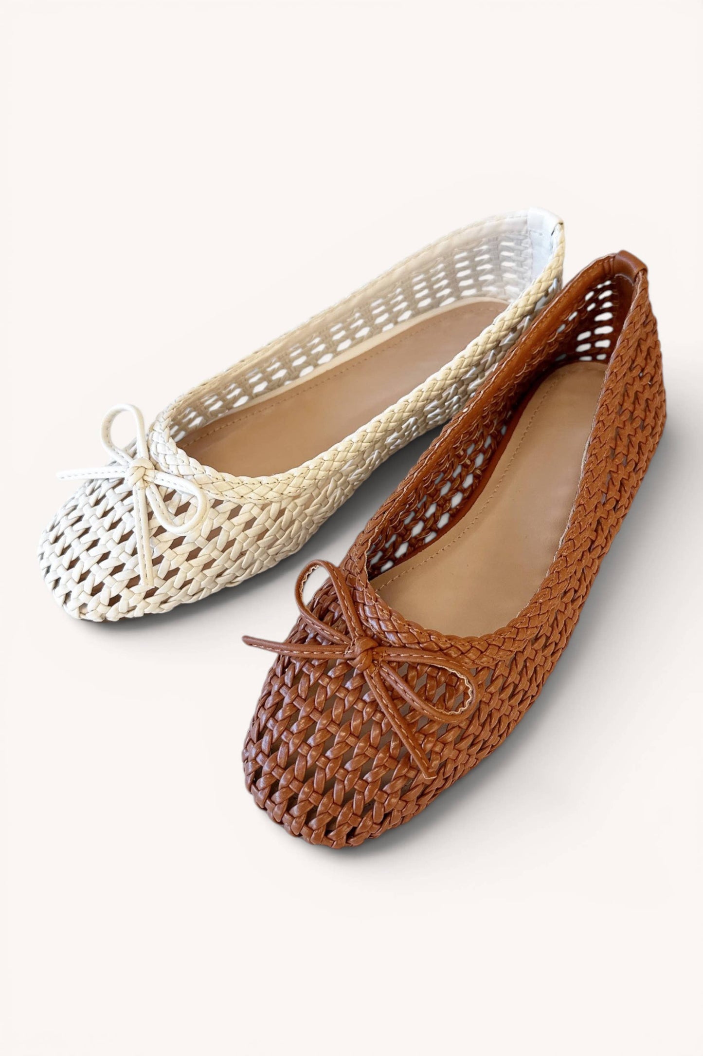 CONCINNITY-7 Woven Lattice Ballet Flats with Ribbon Bow Deta