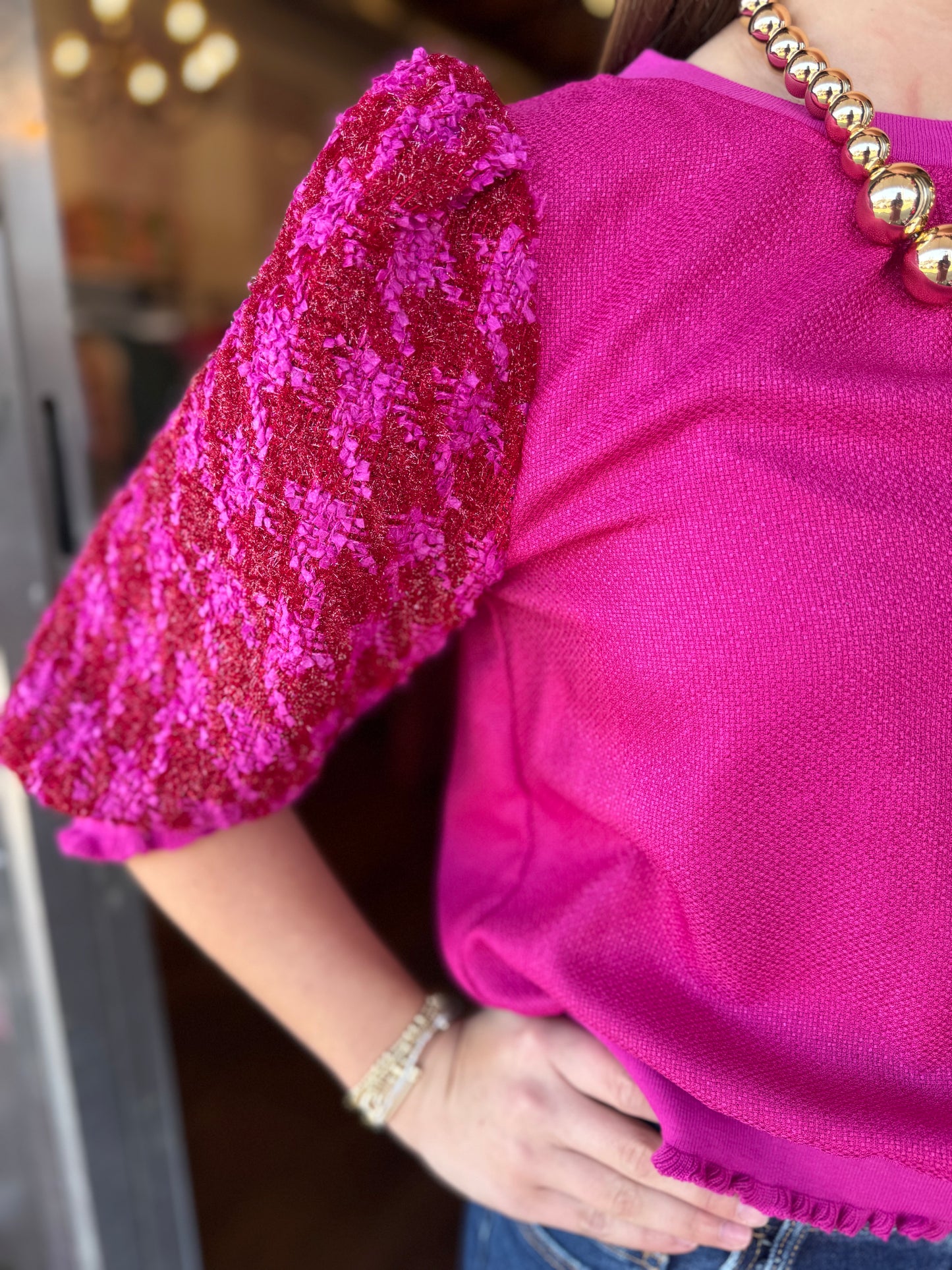 Fuchsia Houndstooth Top