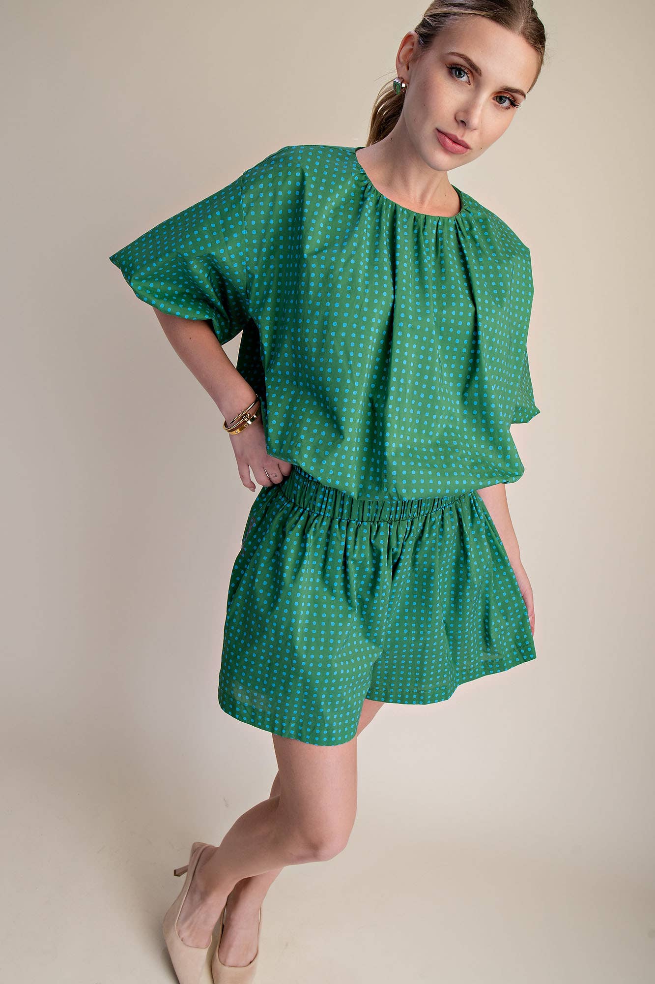 Bubble Crop Top With Round Neck Balloon Sleeve Dot Print
