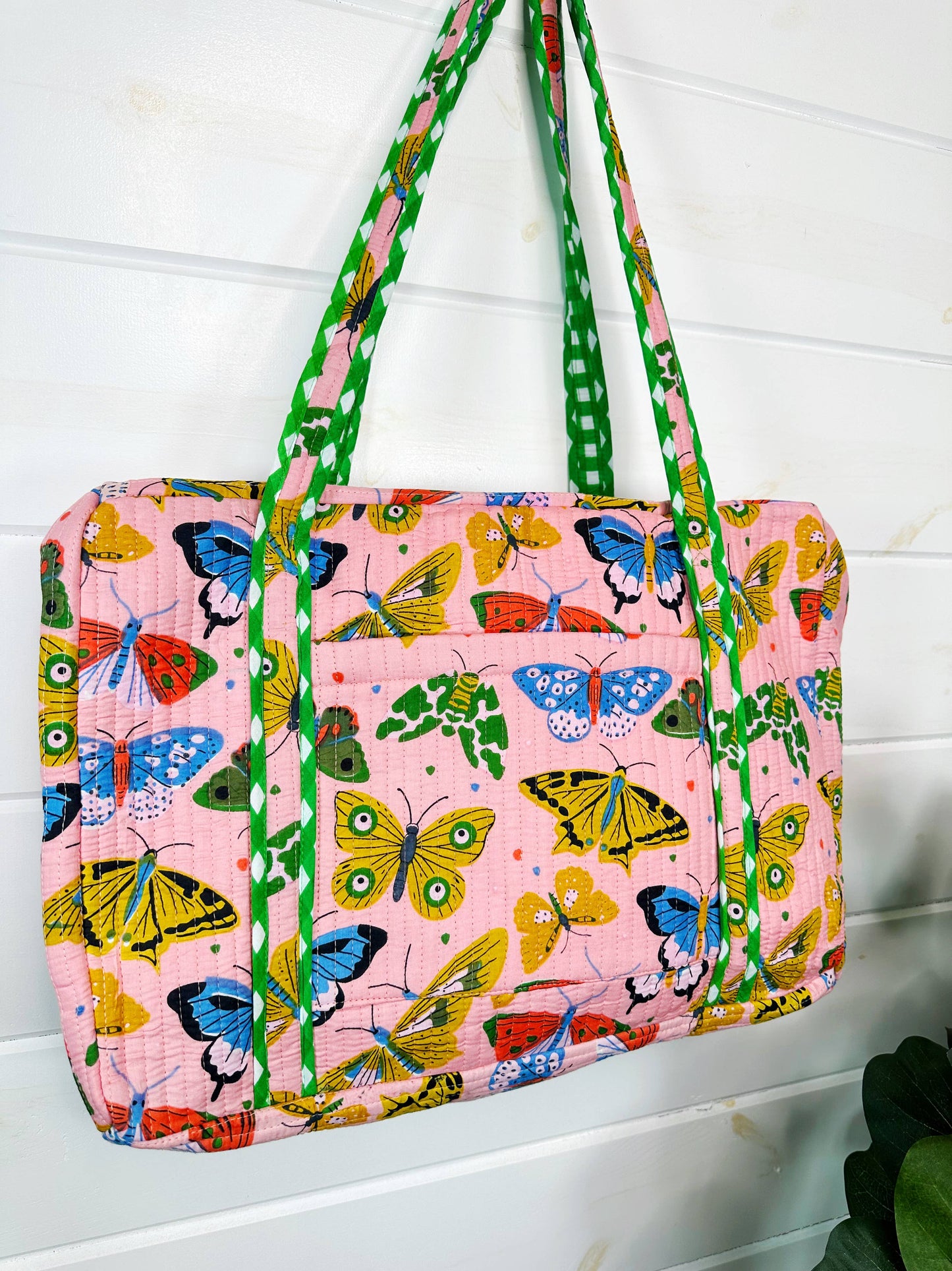 Quilted Duffel Weekender Travel Bag | Overnight| Pink Butterfly