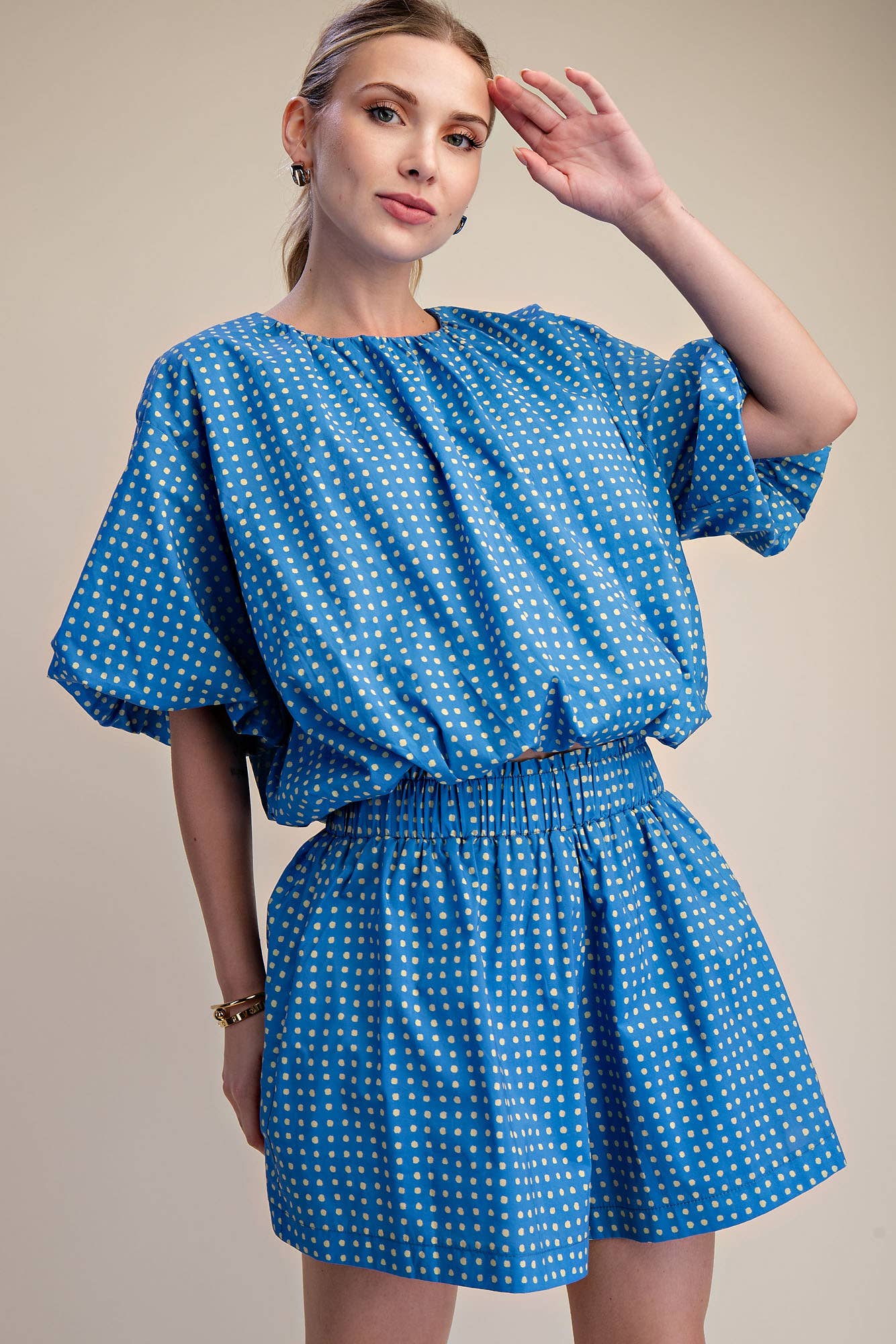 Bubble Crop Top With Round Neck Balloon Sleeve Dot Print