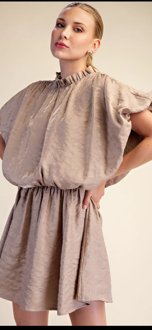 Taupe Ruffle Neck Mini Dress