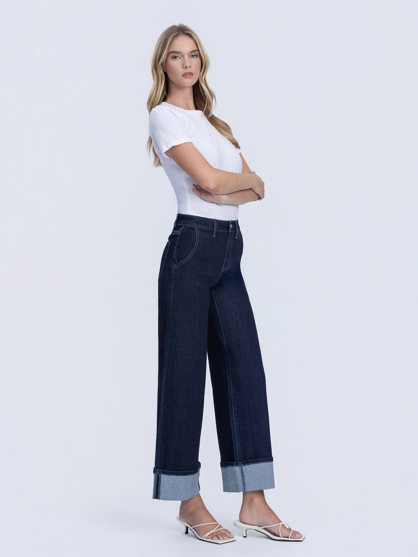 HIGH RISE DARK WASH CUFFED ANKLE WIDE LEG JEANS