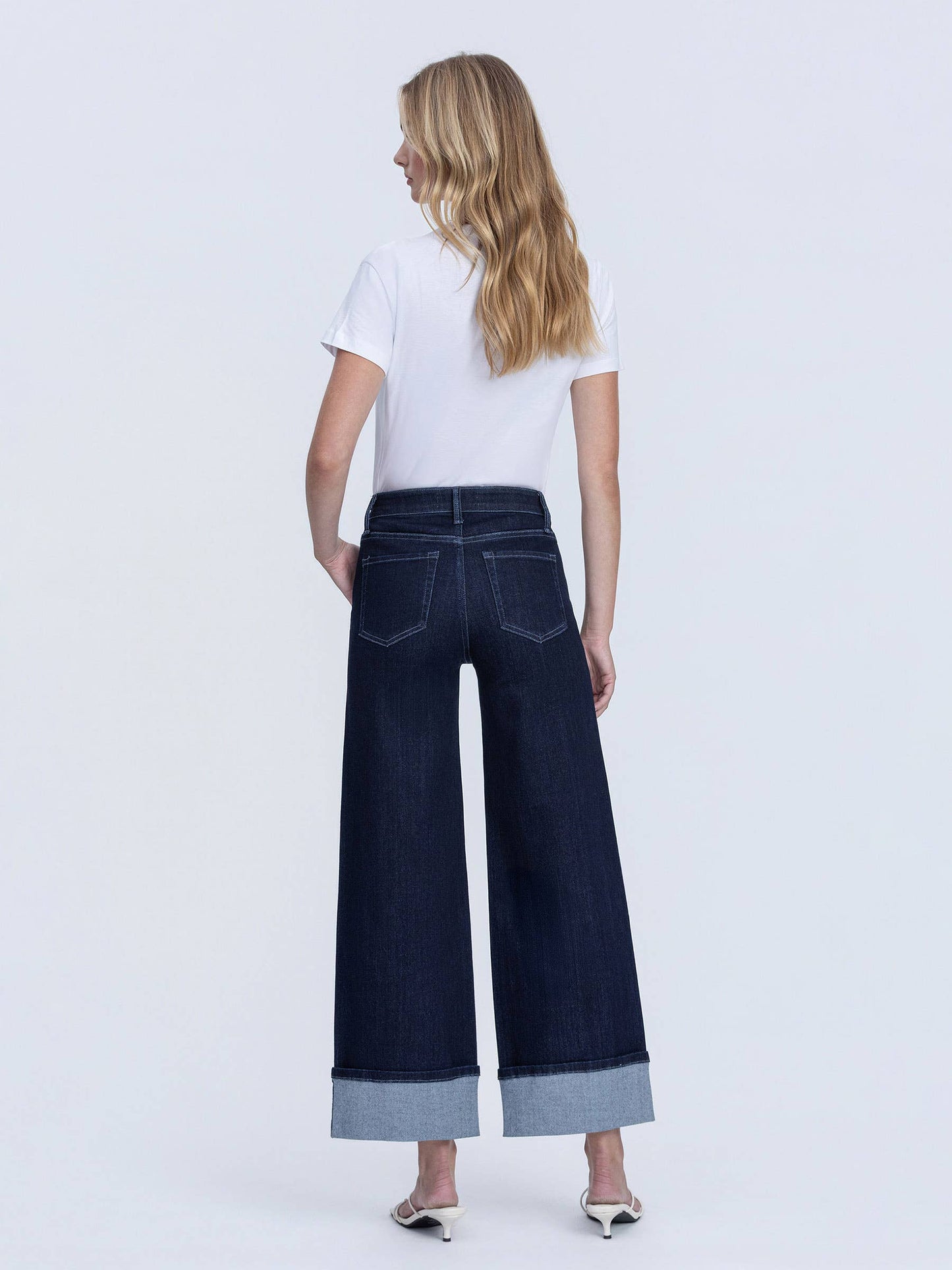 HIGH RISE DARK WASH CUFFED ANKLE WIDE LEG JEANS
