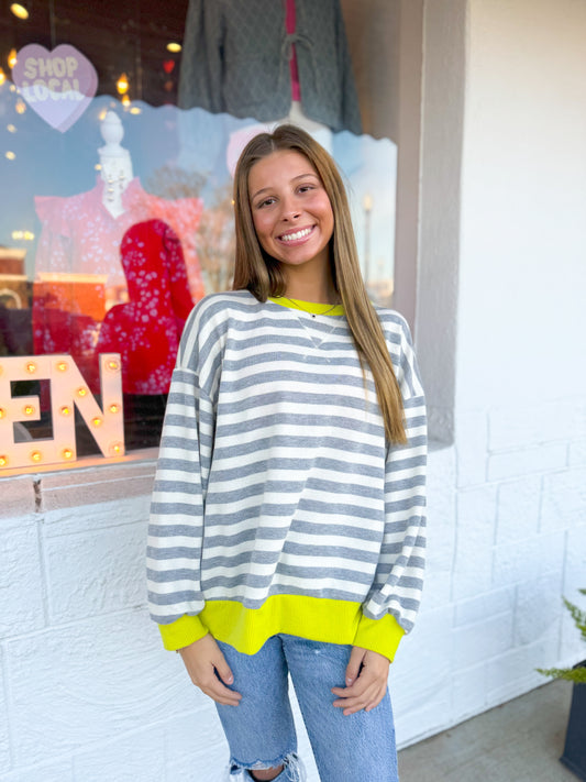 Grey/Lime Contrast Striped Sweatshirt