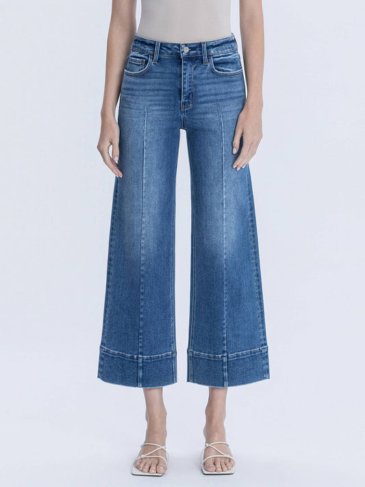 HIGH RISE TROUSER HEM PIN TUCK ANKLE WIDE JEANS