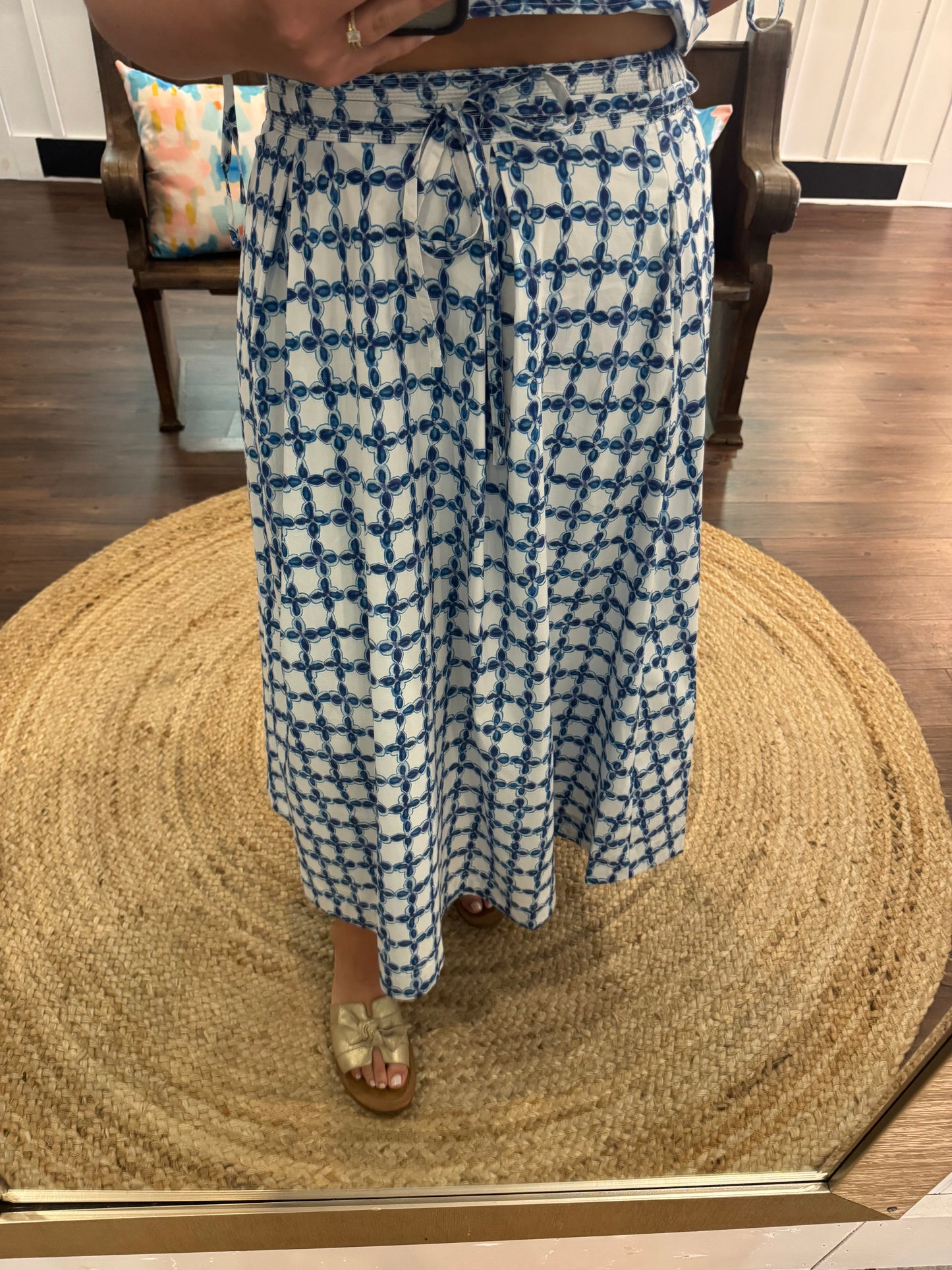 Watercolor Blue Pleated Midi Skirt