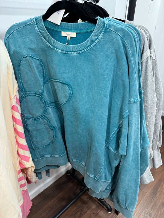 Teal Flower Patch Sweatshirt