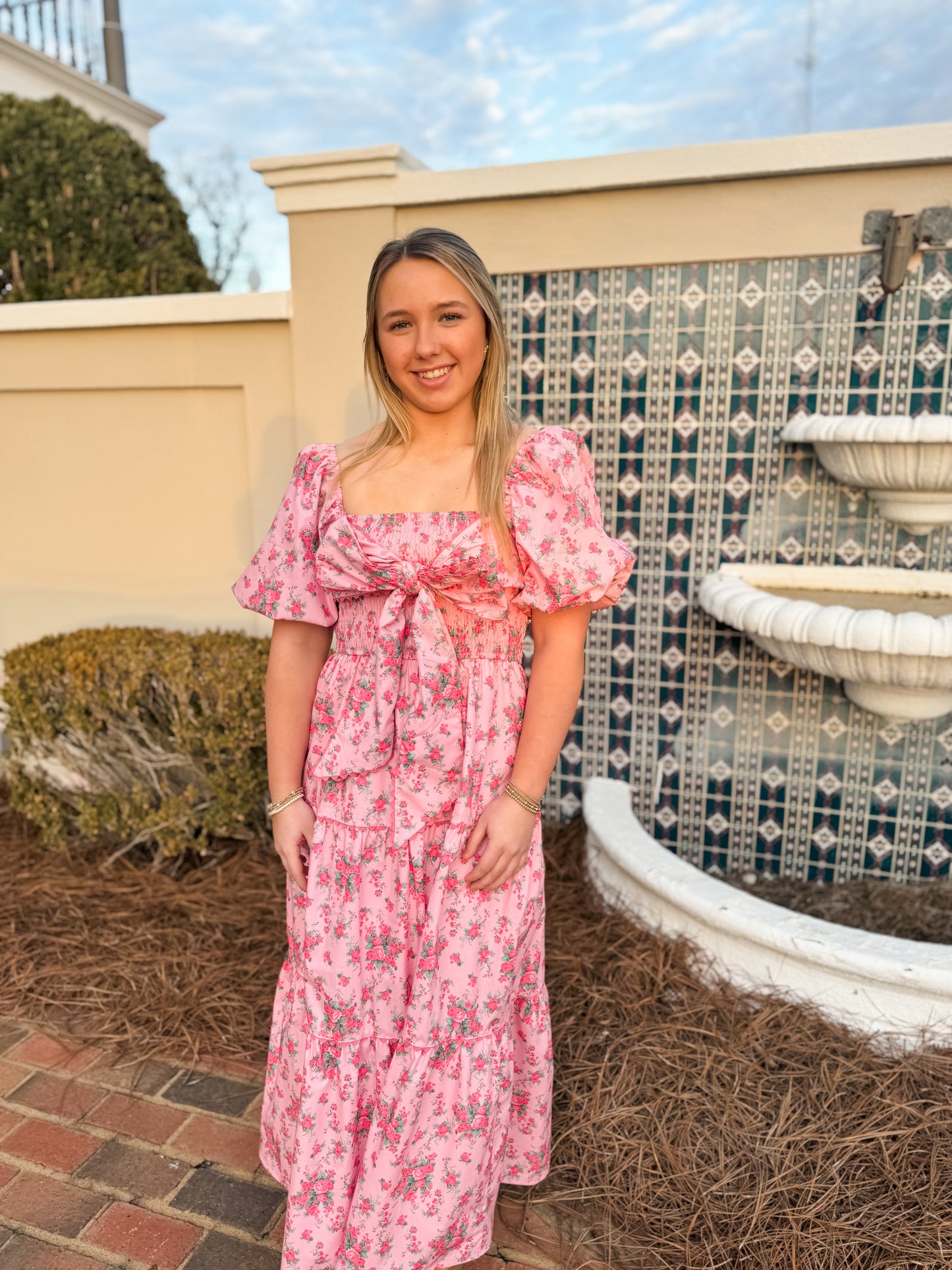 Floral Front Bow Pink Maxi Dress