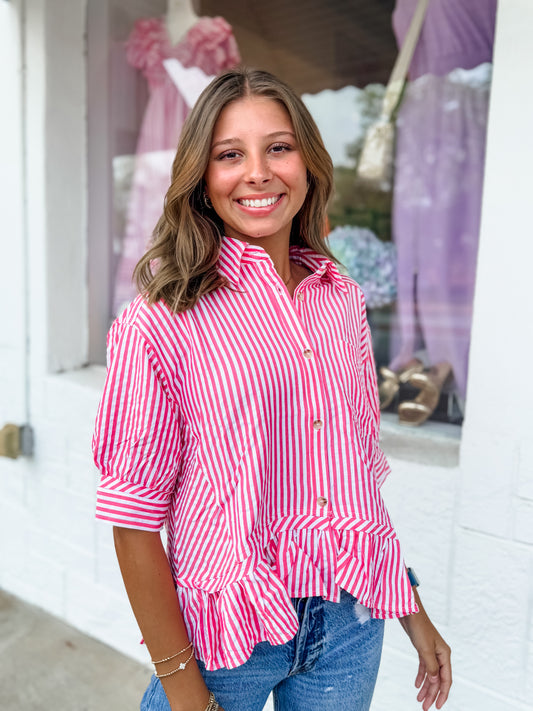Pink Pinstripe Ruffle Top
