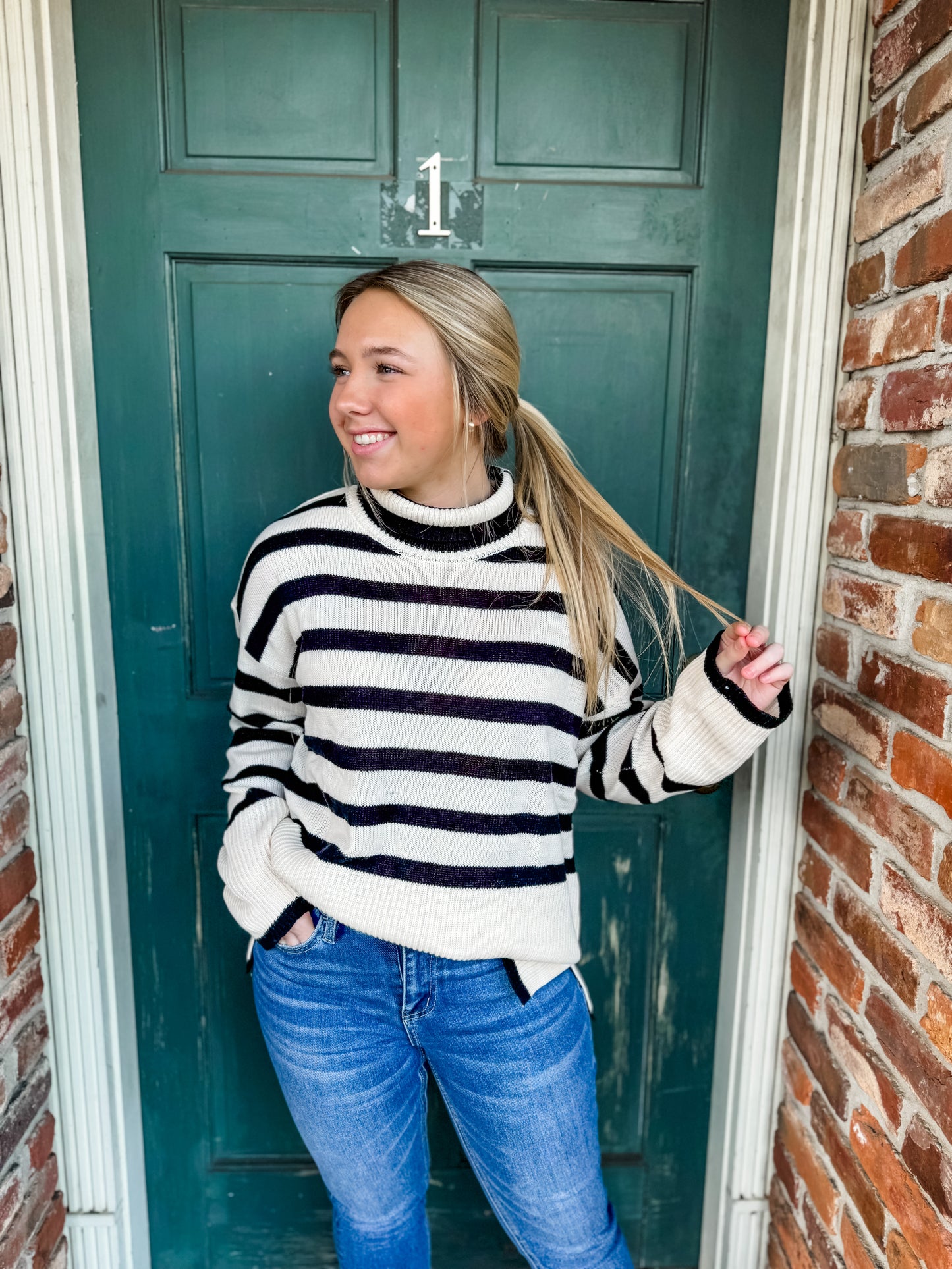 Cream/Black Striped Turtleneck Sweater