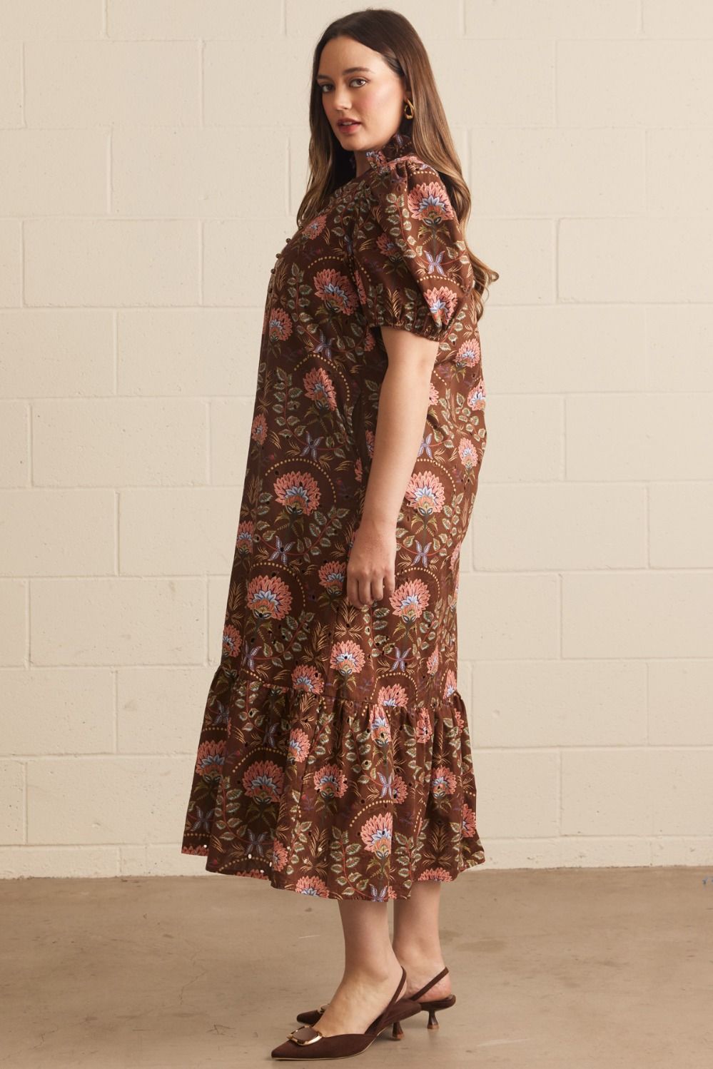 Brown Fall Floral Midi Dress