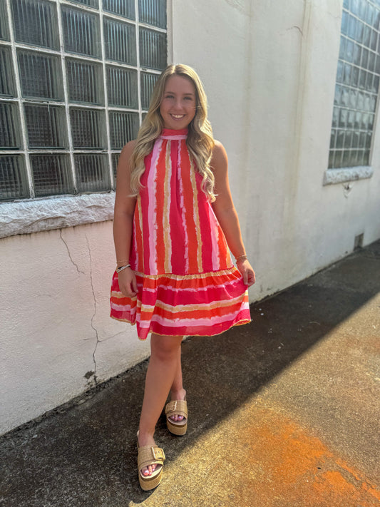 Coral Stripe Halter Mini Dress