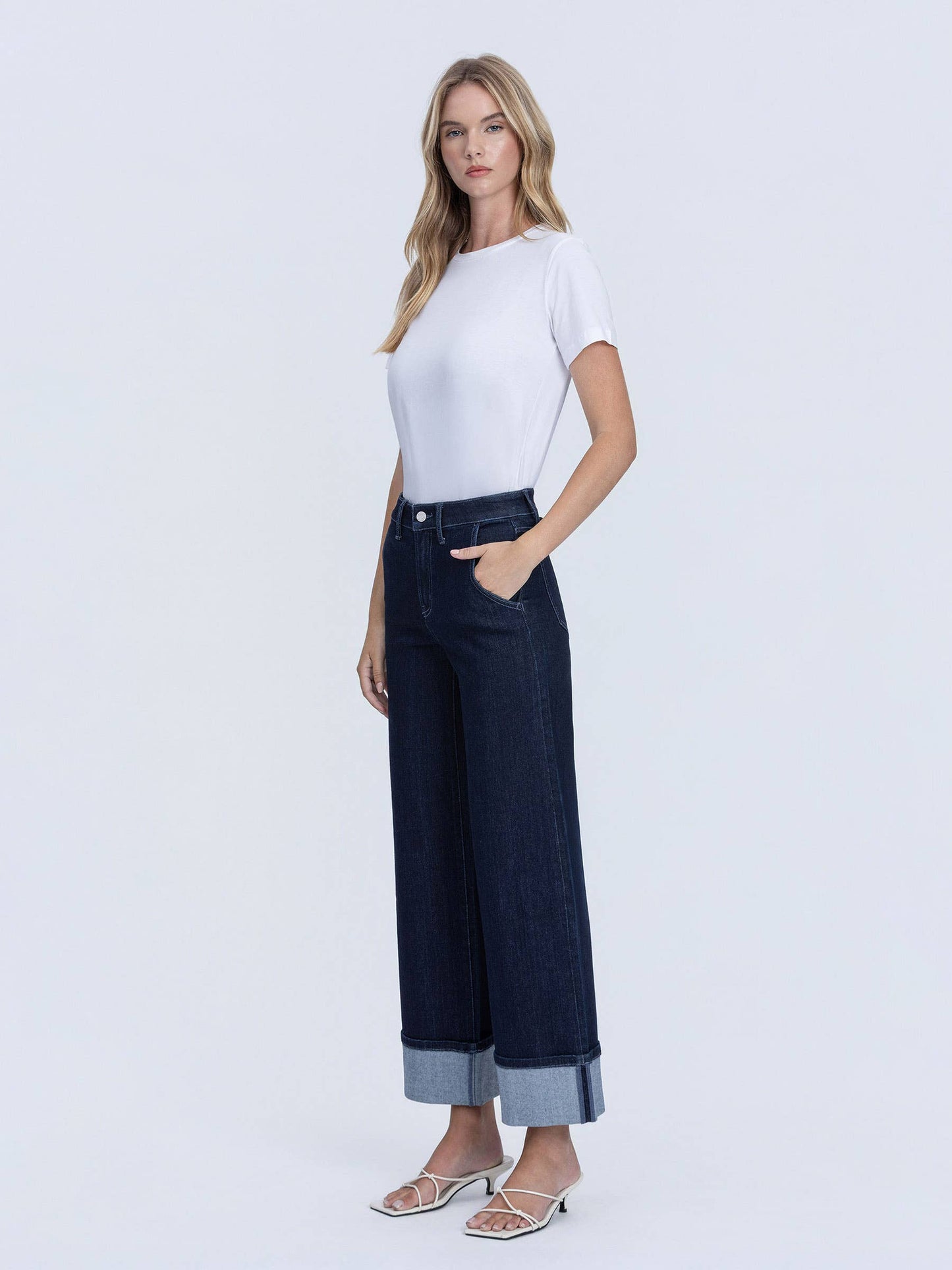 HIGH RISE DARK WASH CUFFED ANKLE WIDE LEG JEANS