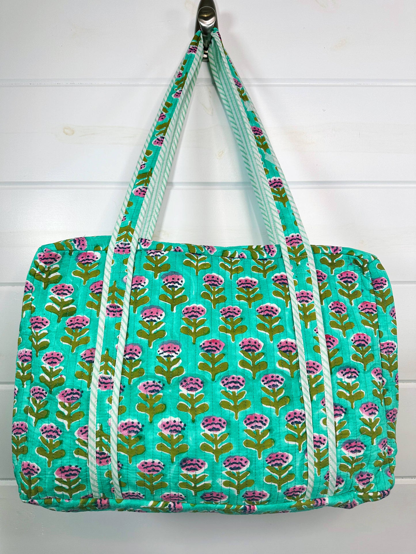 Handmade Quilted Duffle Bag – Aqua Floral Print Weekender