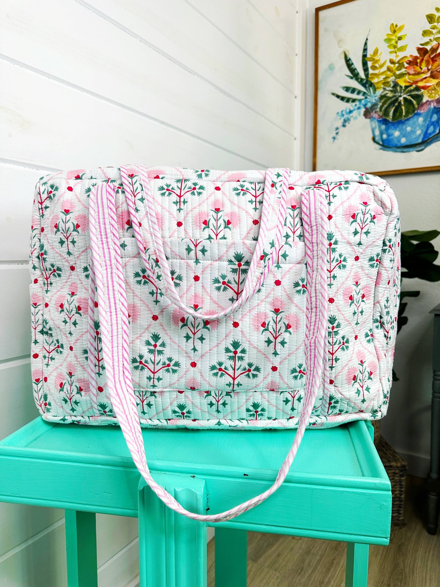 Handmade Quilted Duffle Bag – Folk Floral Print Weekender