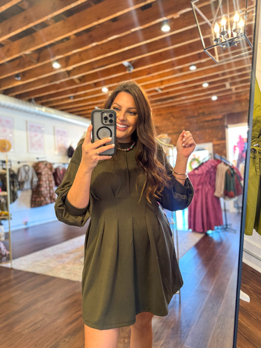 Olive Comfy Pleated Dress