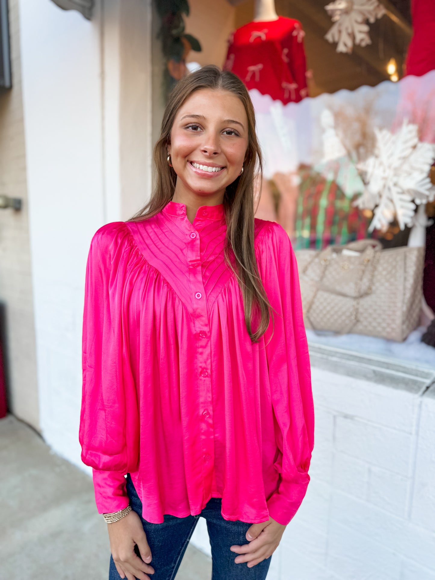 KARLIE| Pink Satin Pleat Button Up Top