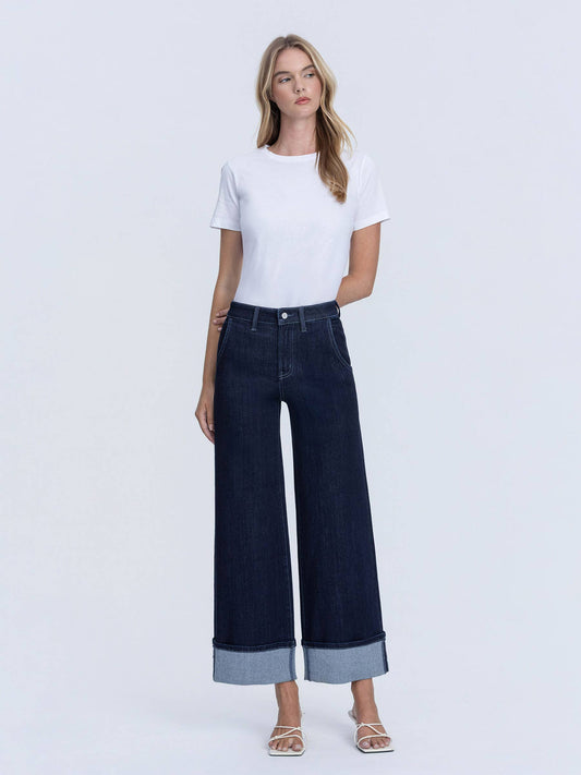 HIGH RISE DARK WASH CUFFED ANKLE WIDE LEG JEANS