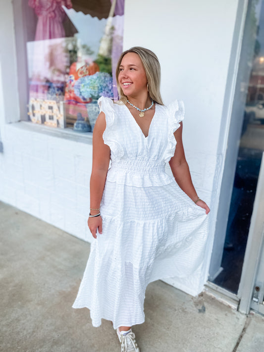 Eventful White Ruffle Dress