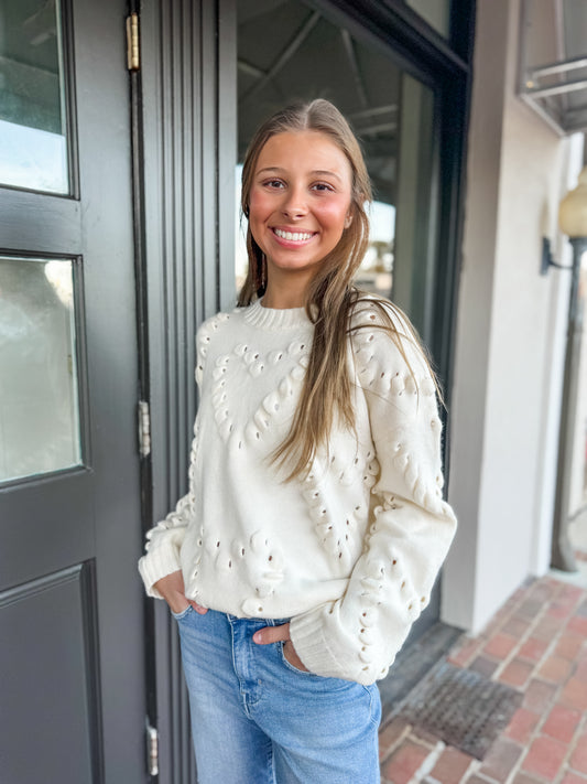 Heart Embroidered Cream Sweater