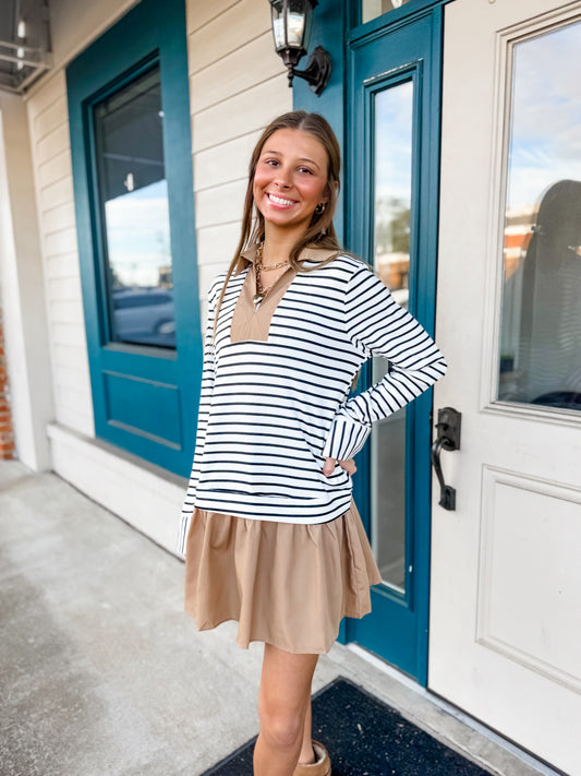 Taupe Contrast Stripe Knit Mini Dress