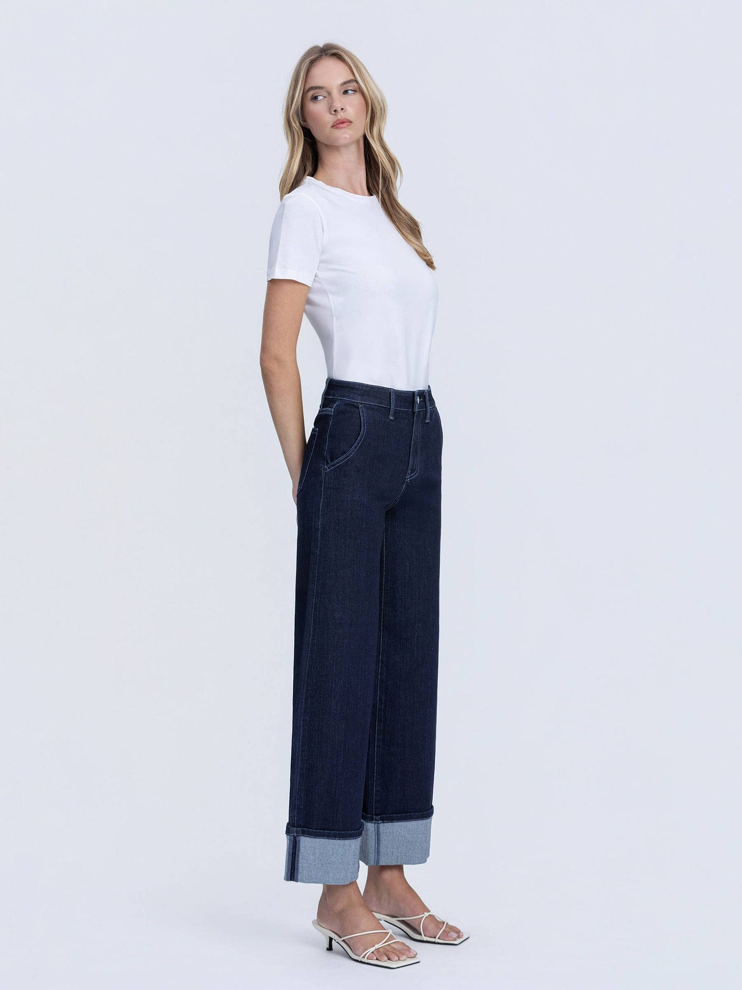 HIGH RISE DARK WASH CUFFED ANKLE WIDE LEG JEANS
