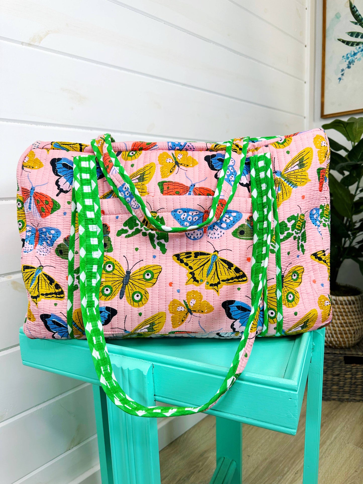 Quilted Duffel Weekender Travel Bag | Overnight| Pink Butterfly