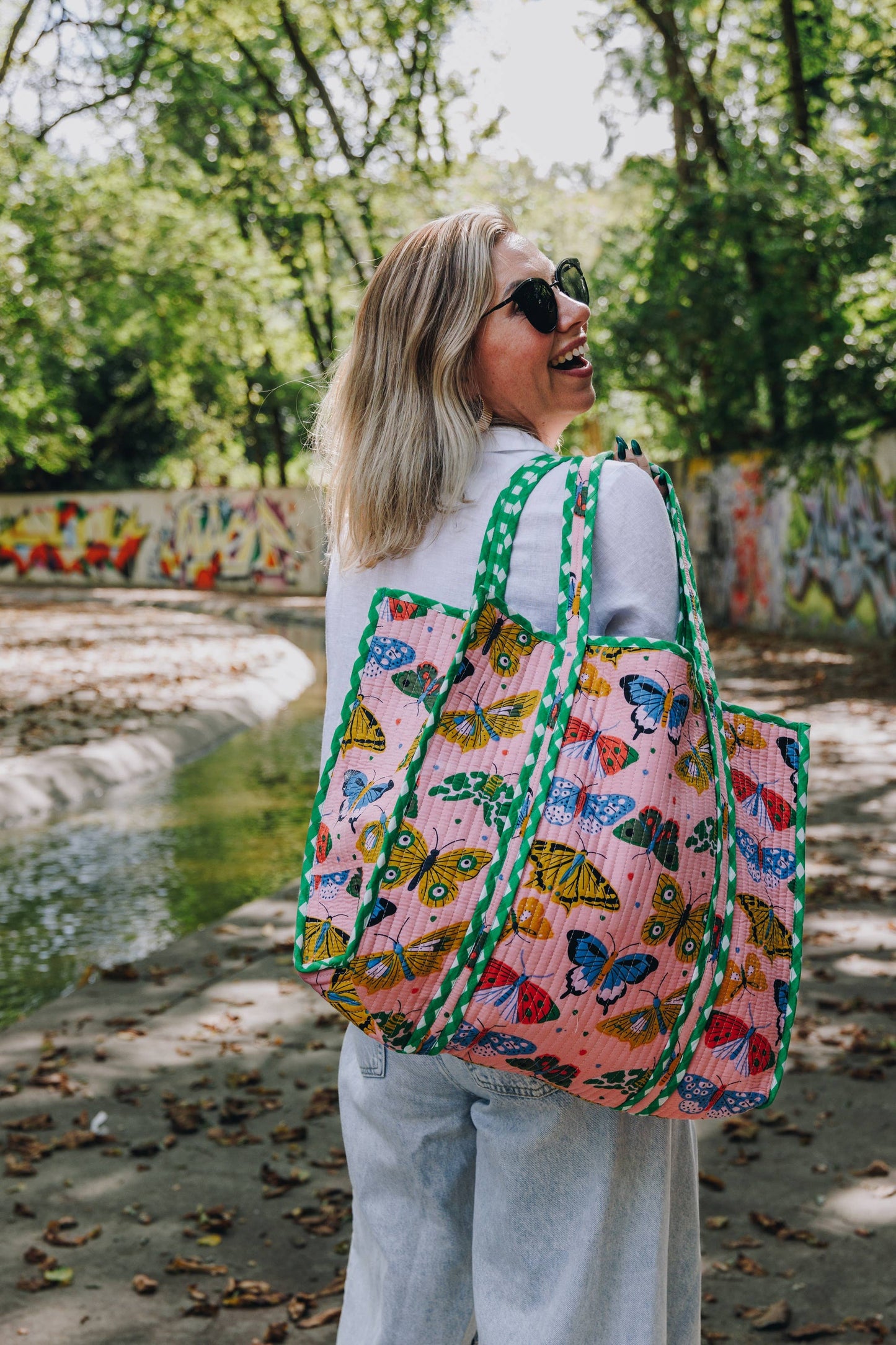 Quilted Tote Bag | Large Travel Bag | Pink Butterfly Print
