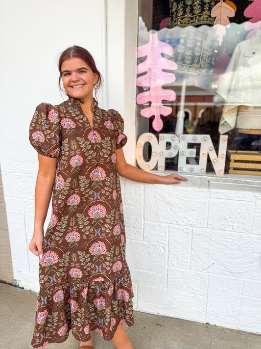 Brown Fall Floral Midi Dress