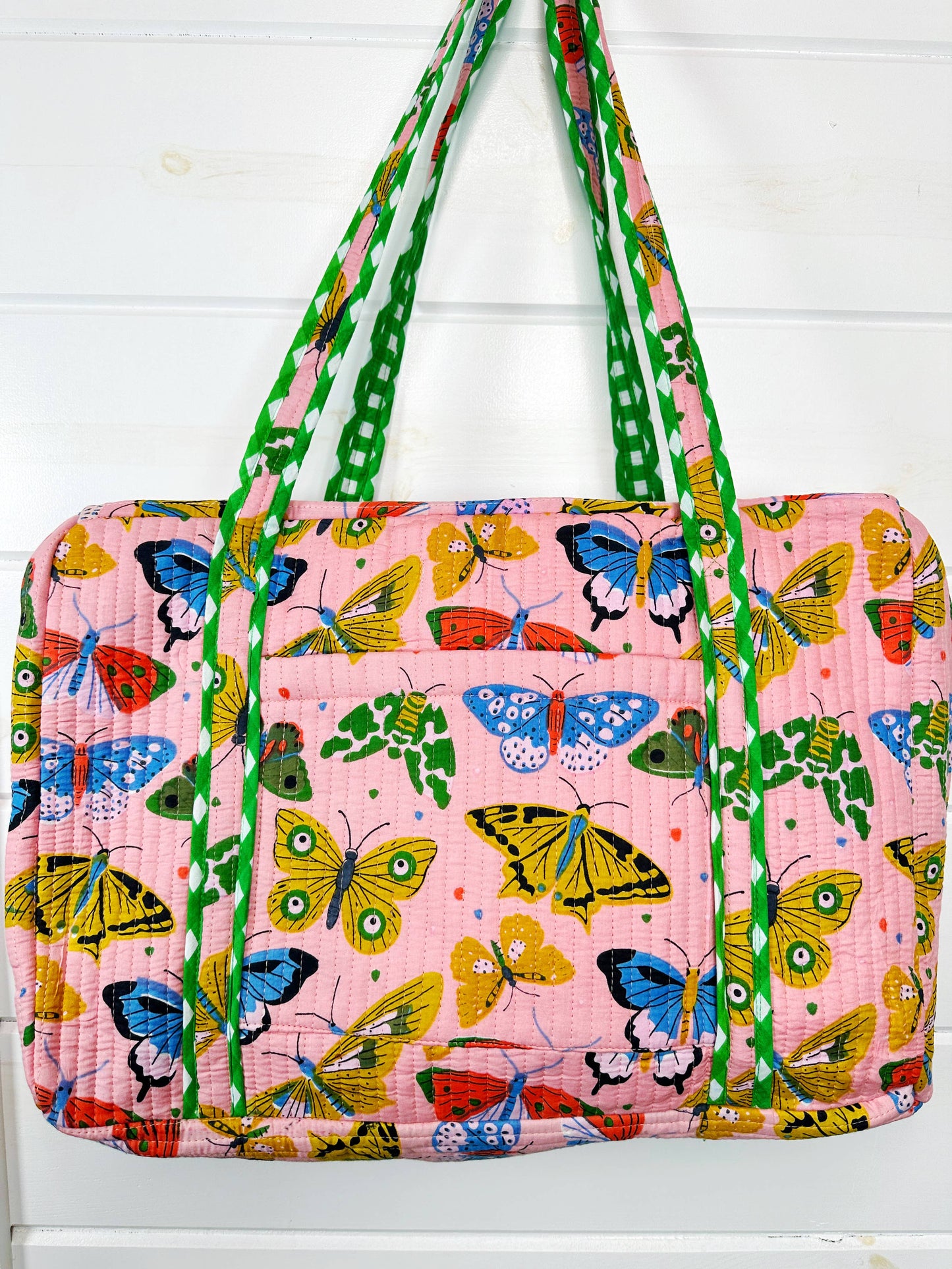 Quilted Duffel Weekender Travel Bag | Overnight| Pink Butterfly