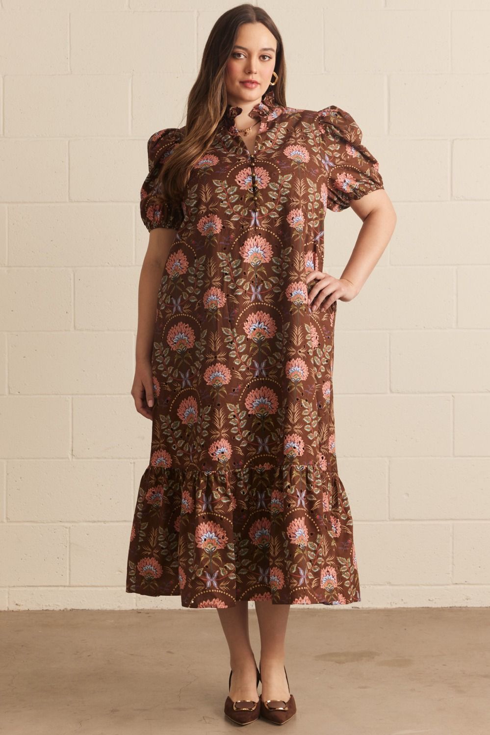 Brown Fall Floral Midi Dress