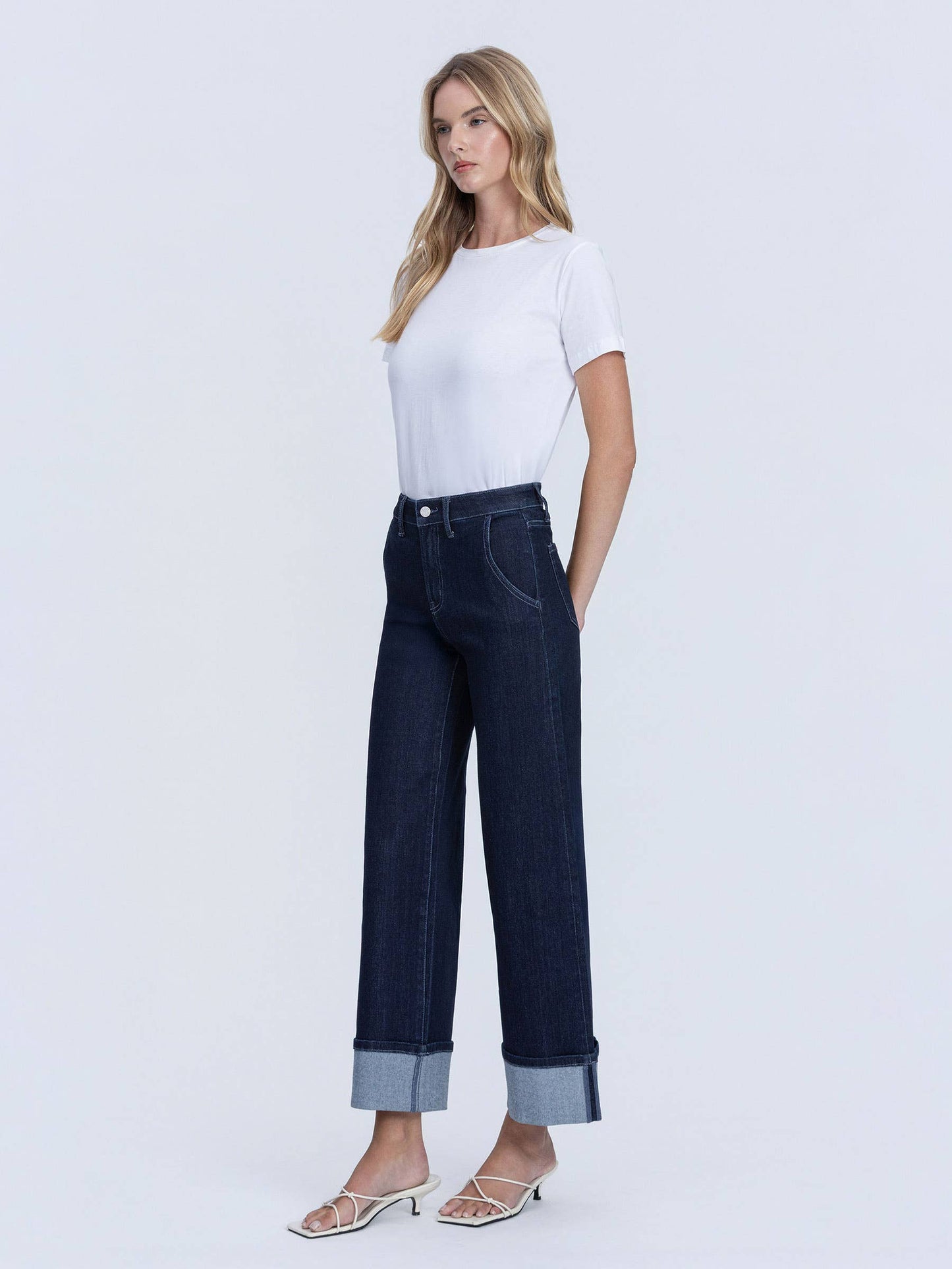 HIGH RISE DARK WASH CUFFED ANKLE WIDE LEG JEANS
