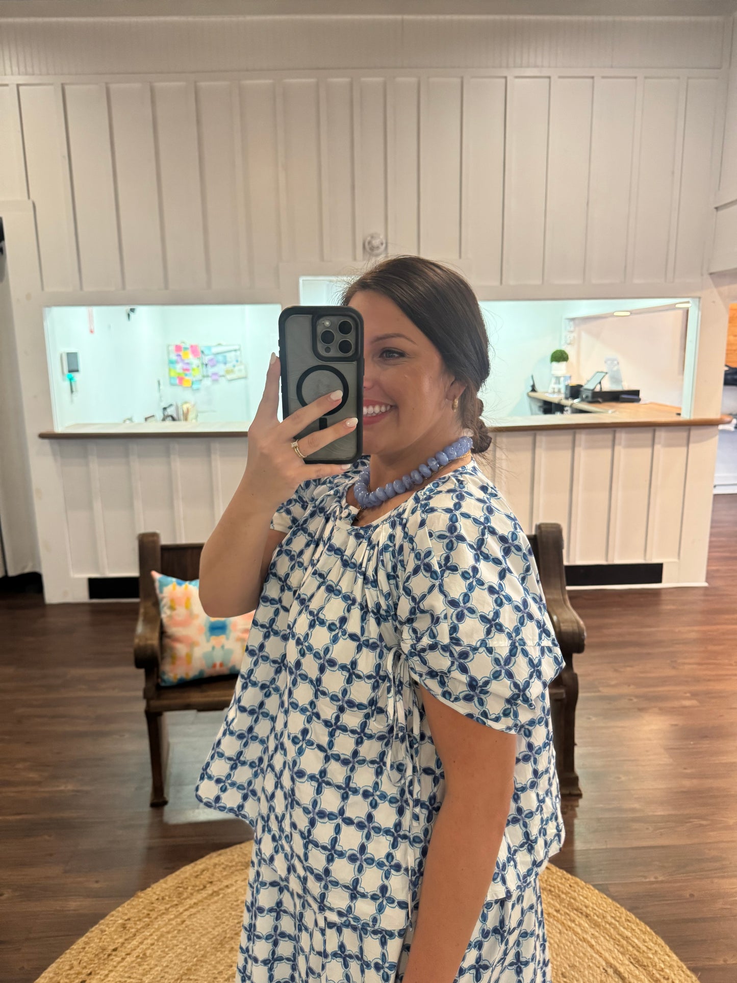 Watercolor Blue Pleated Top