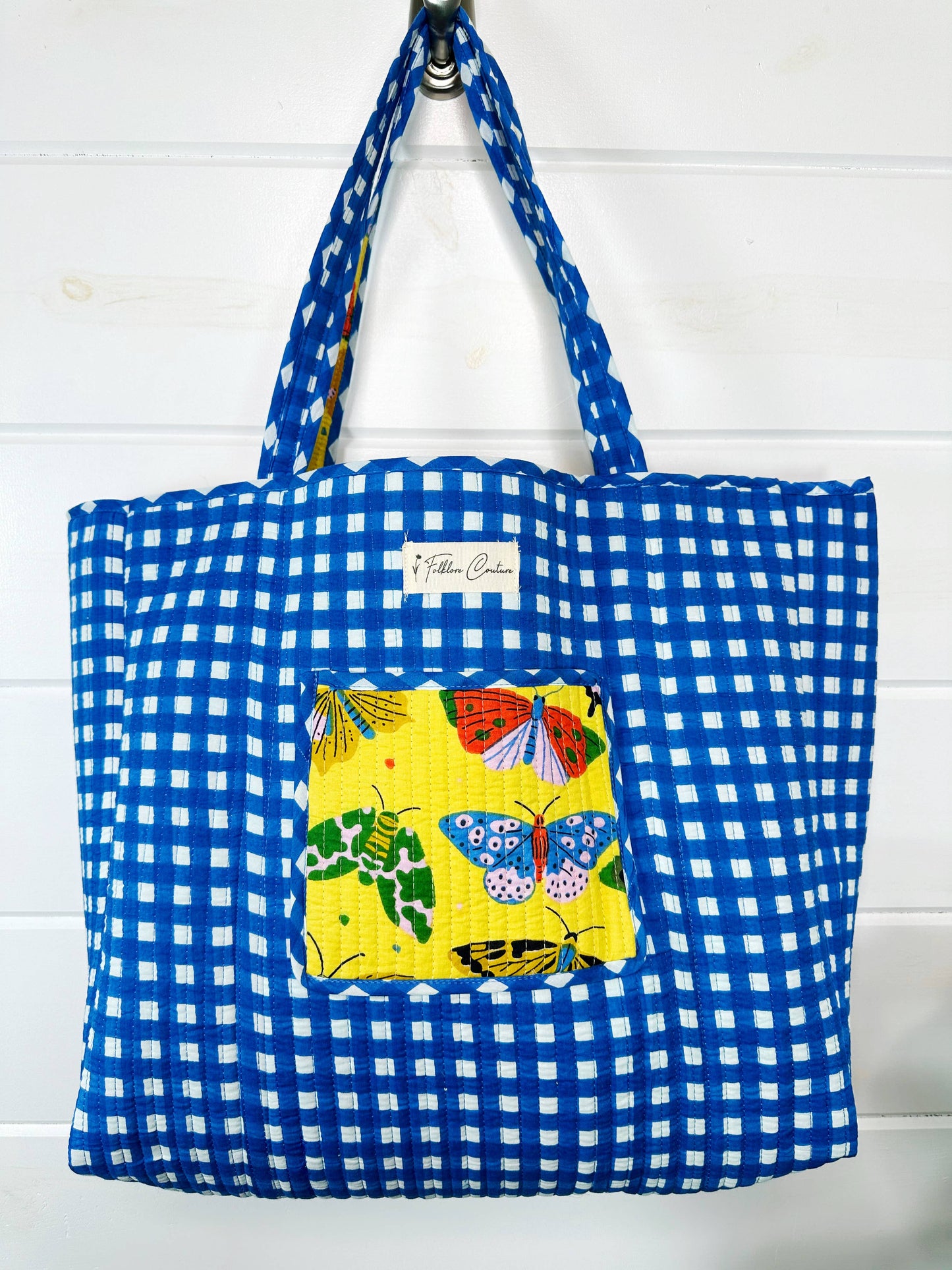 Quilted Tote Bag | Large Travel Bag | Yellow Butterfly Print