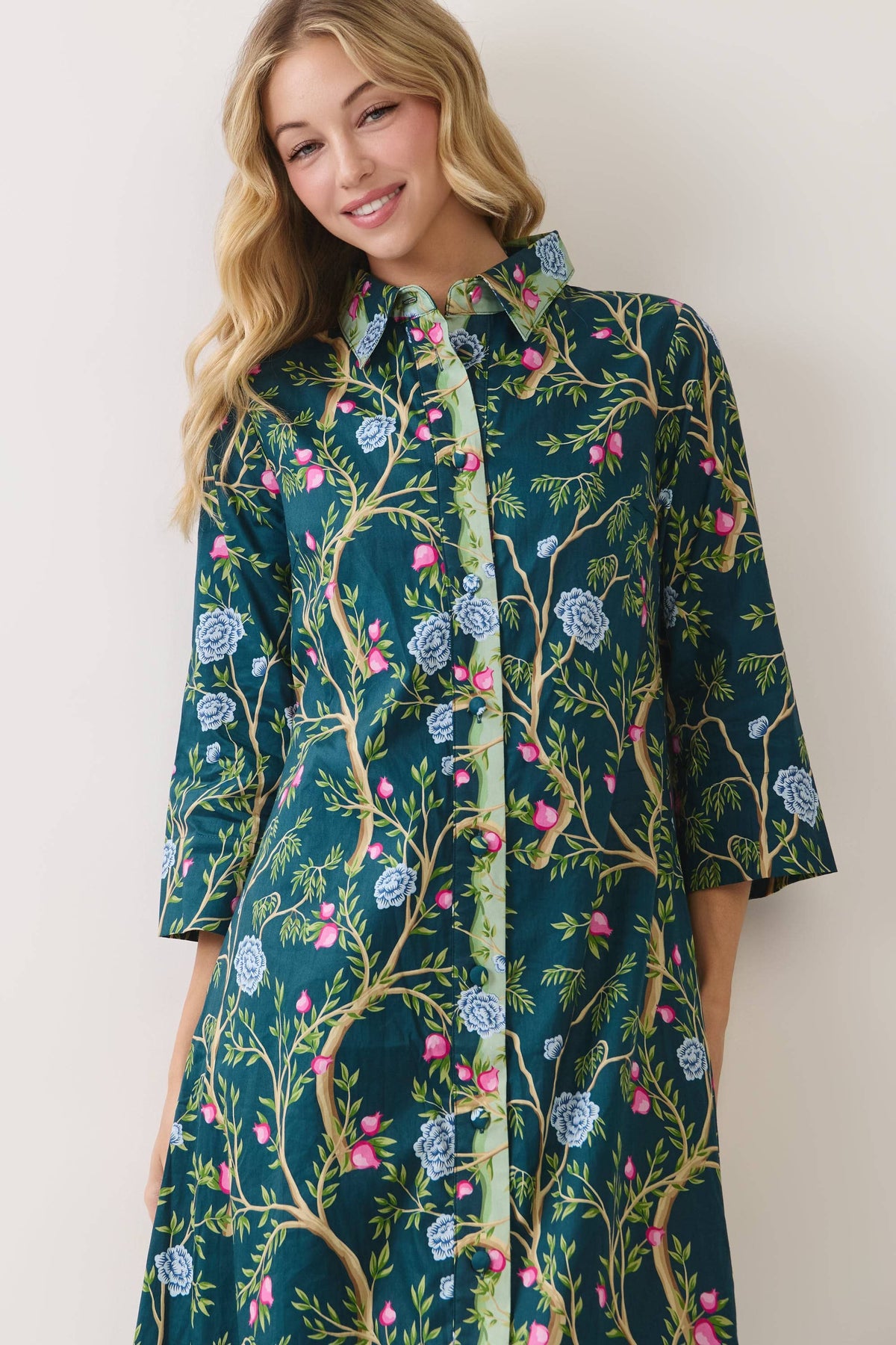 Teal Botanical Midi Shirt Dress
