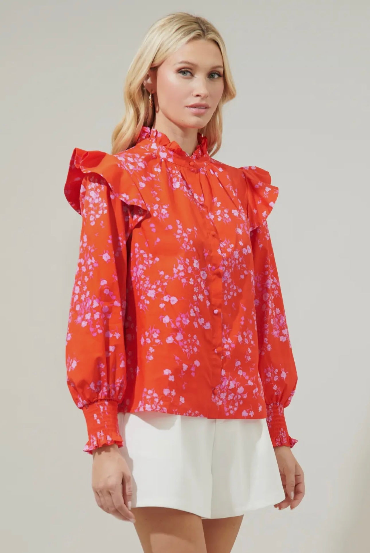 Ibis Floral Button Front Poplin Top