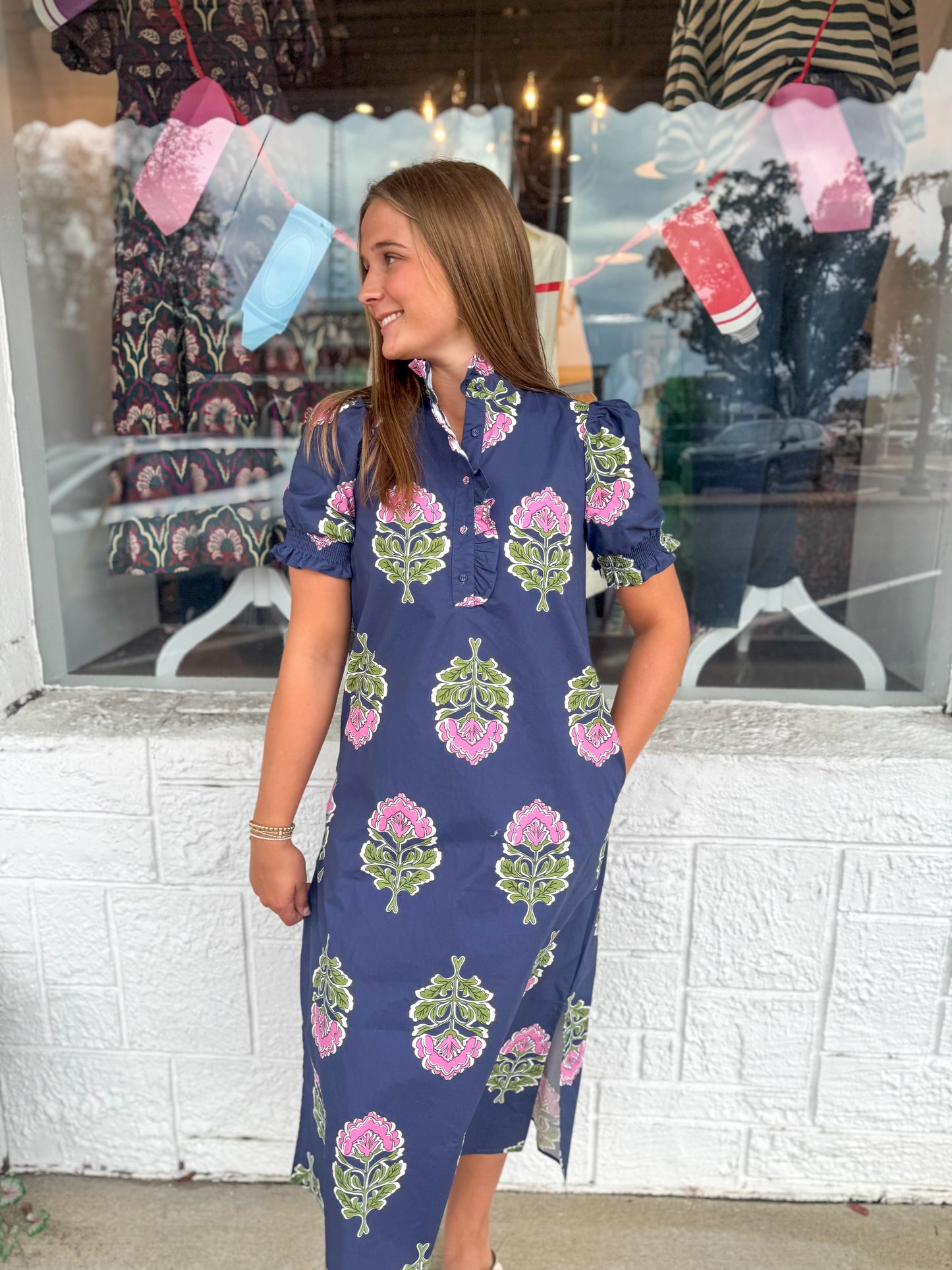 Navy & Pink Block Print Midi Dress