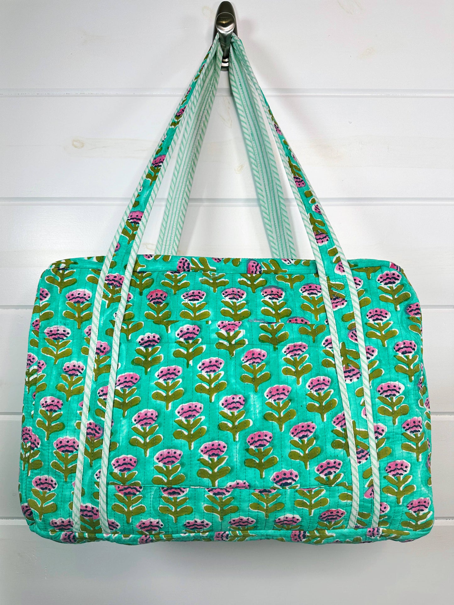 Handmade Quilted Duffle Bag – Aqua Floral Print Weekender