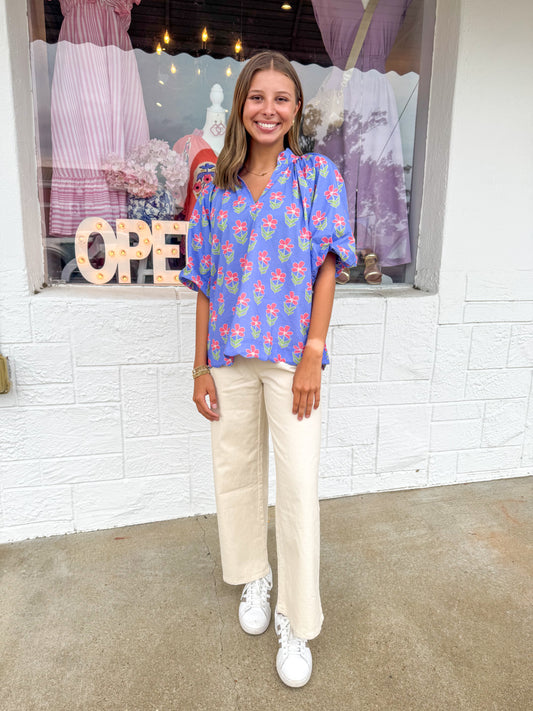 Island Pink & Periwinkle Floral Block Print Top