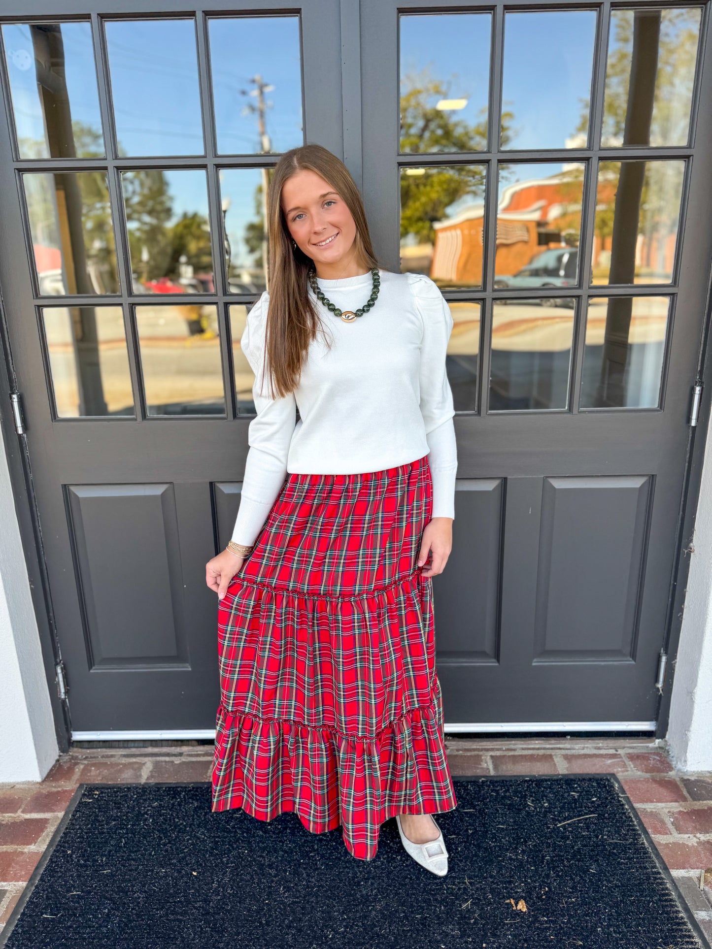 Red Plaid Tiered Maxi Skirt